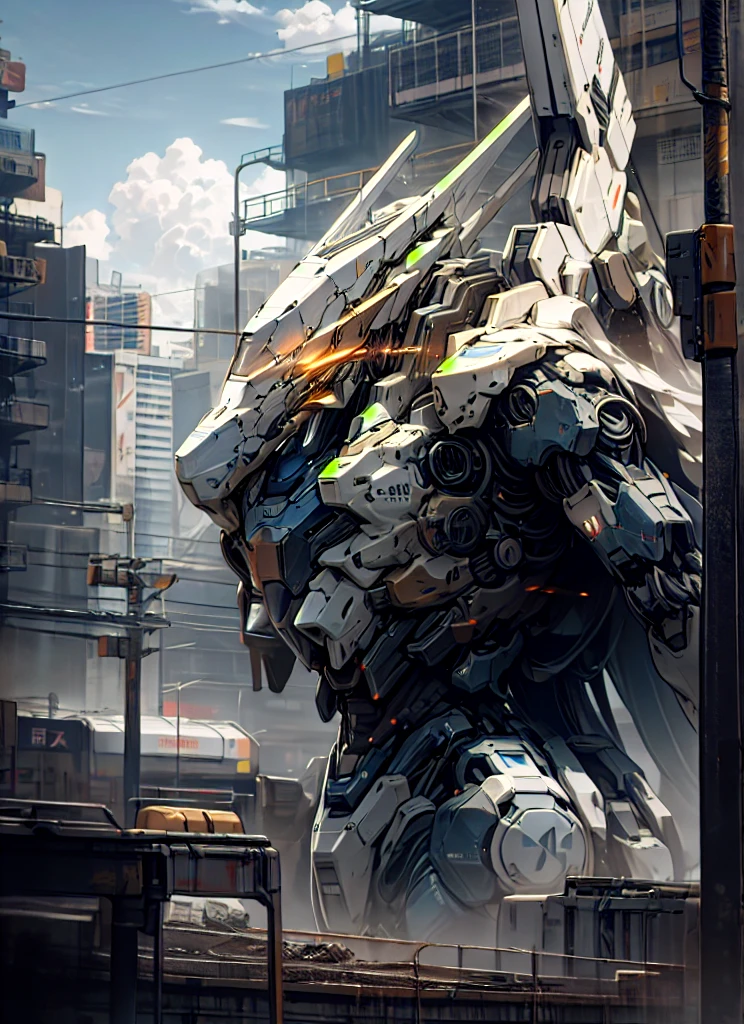 sky, cloud, holding_weapon, no_humans, glowing, , robot, building, glowing_eyes, mecha, science_fiction, city, realistic,mecha