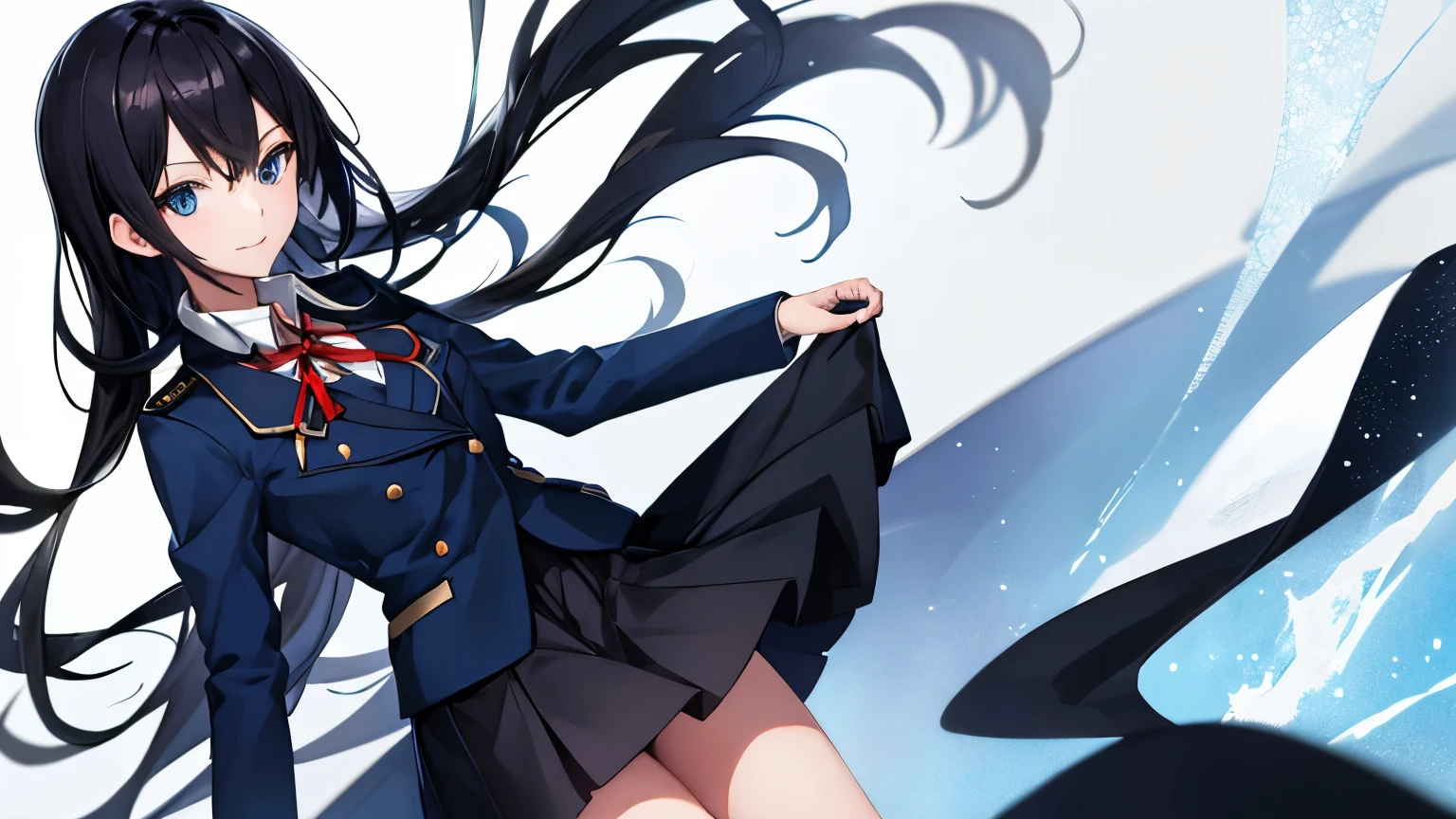 anime, Black Hair,  girl, Blue jacket, blue eyes, Dark blue skirt, Red ribbon around neck, Full Height, Full-length girl, Highest quality