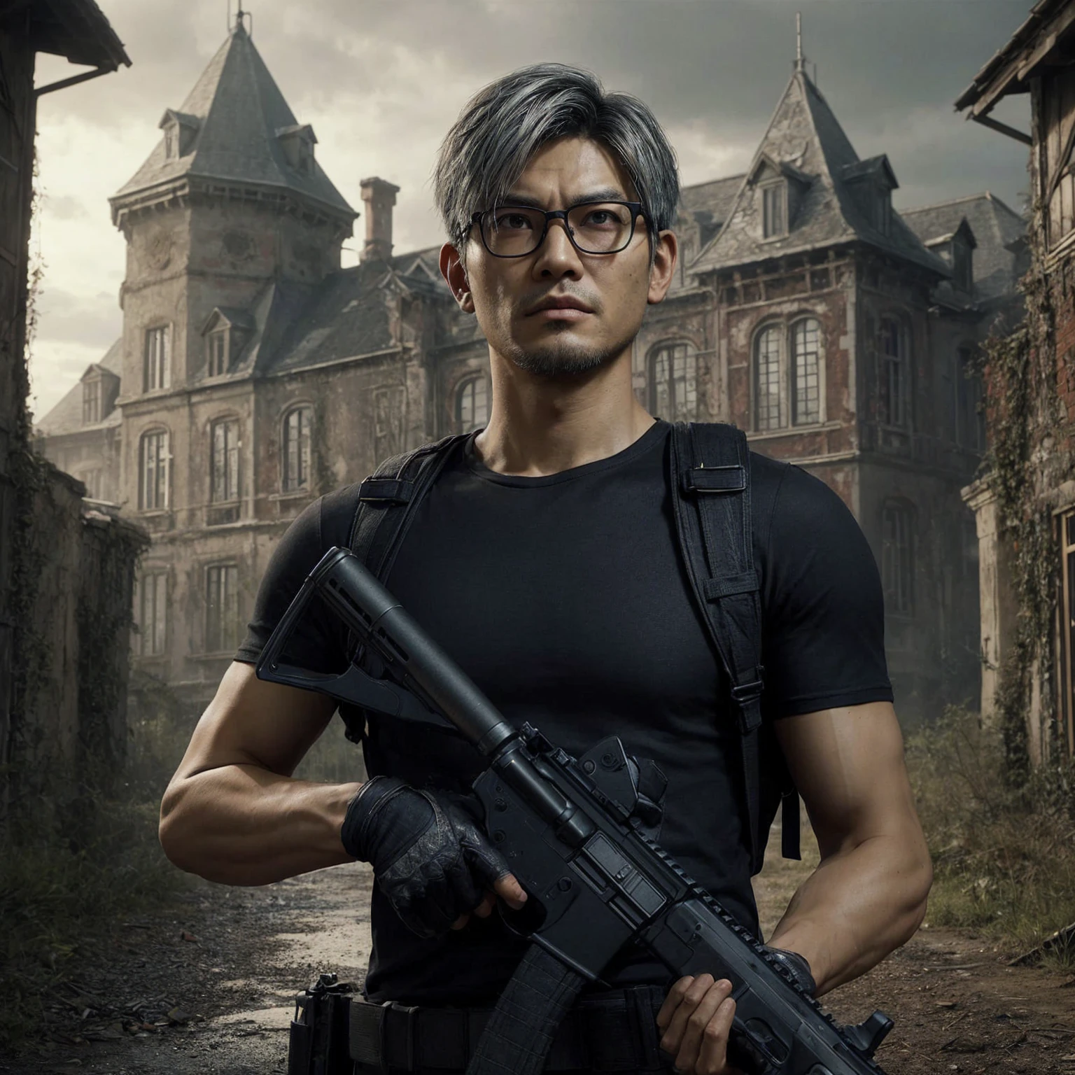 Resident Evil 8 screencap a man thirty four years old, asian man oriental face, wearing glasses, military short thin silver hair, dark purple eyes, wearing a black t-shirt with jeans, standing in front of an old abandoned building medieval European style on the outskirts of town while carrying a long-barreled airsoft gun Evening, CAPCOM studios.