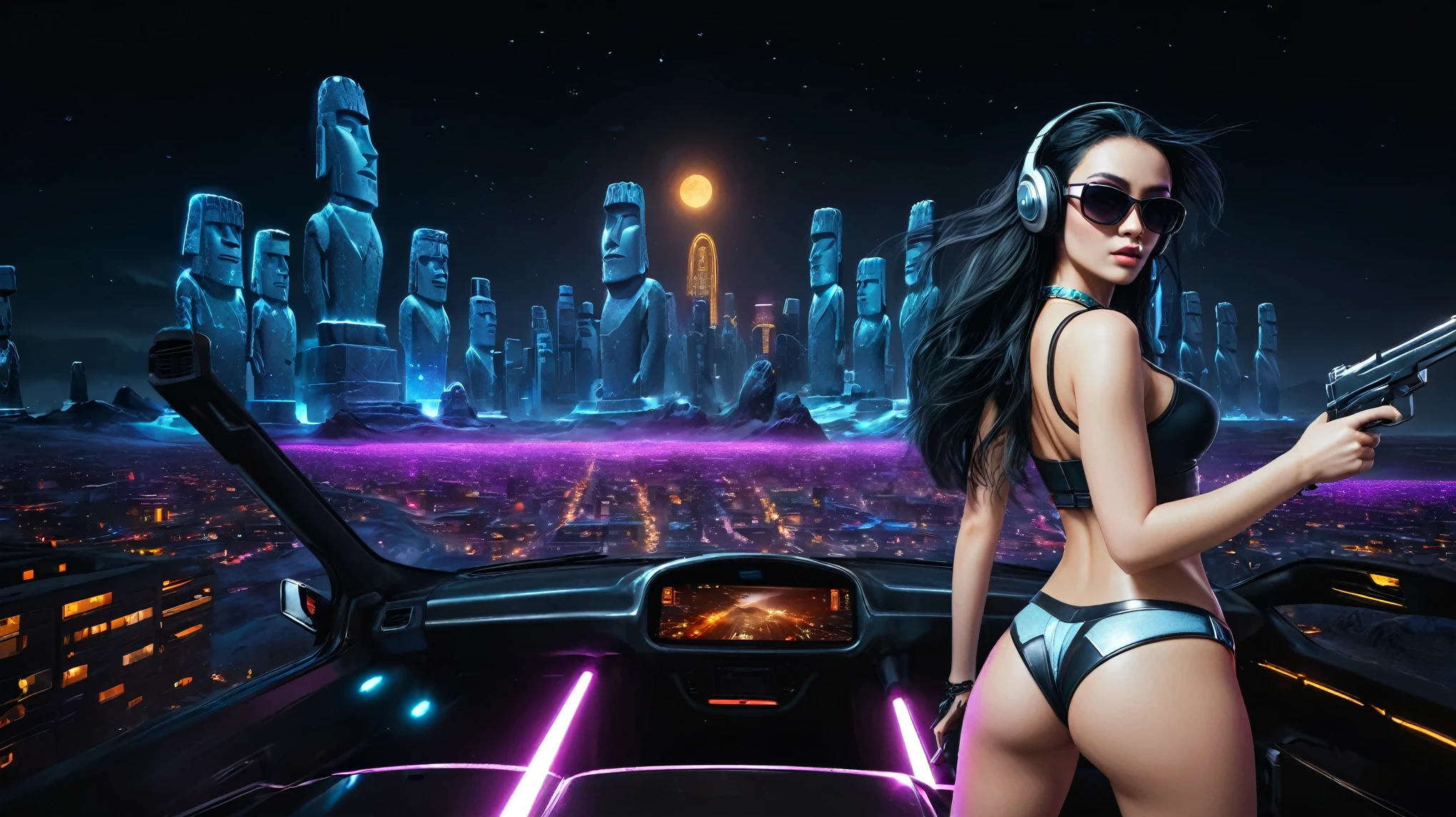 At night, dark sky, distant shot aerial view of fantasy cyberpunk style ice ((Moai-statue)) city, ((flying car)). ((1girl, solo, alone)), medium-breast:1.1 slim body, cleavage, sexy clothes, (headphone, black sunglasses, long black realistic hair), (((hip-up standing and holding pistol))), (((((half-body thigh level medium shot))))), cinematic lighting, lens flare, ray tracing.