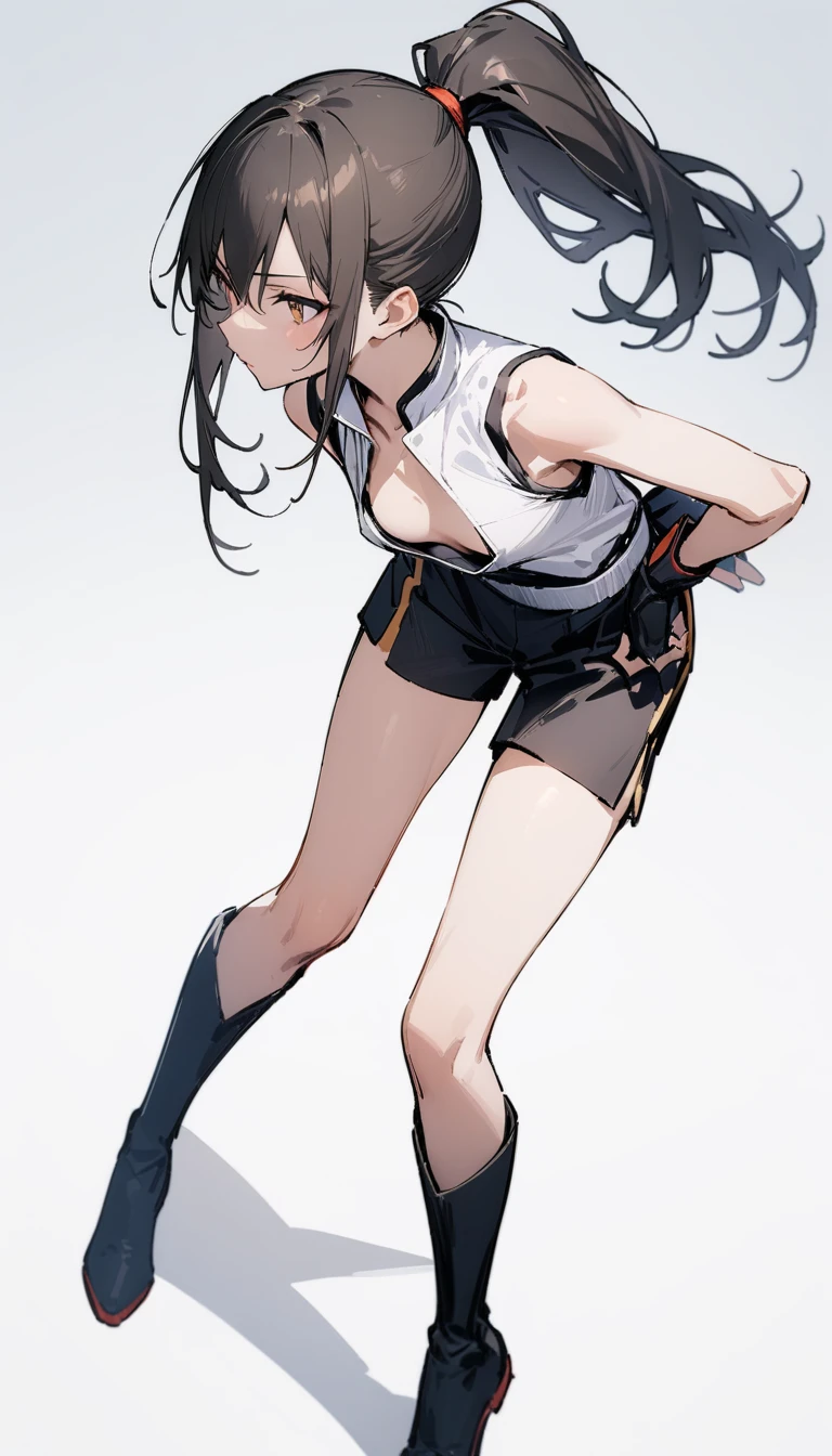 ((Highest quality)), ((masterpiece)), (detailed),full body ,slender. ((Rin々A cool female karateka))　small breasts　Long-haired ponytail　((Sleeveless white karate uniform))　Black shorts　Knee-high boots　Leaning forward　　Open chest　black fingerless gloves