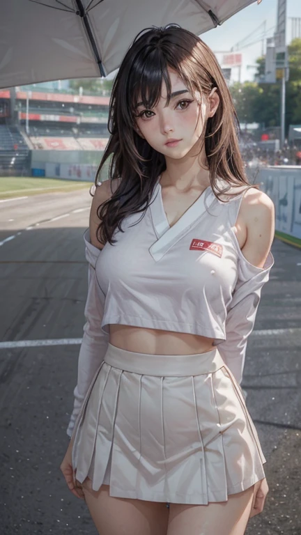 ((SFW: 1.4)),((Detailed face, Professional photography)), ((SFW, Race Queen, Grid Girls, skirt, No sleeve, 1 Girl)), Ultra-high resolution, (Realistic: 1.4), RAW Photos, Highest quality, (PhotoRealistic Stick), concentrated, Soft Light, ((20-year-old)), ((Japanese)), (( (Young Face))), (surface), (Depth of written boundary), masterpiece, (Realistic), woman, bangs, ((1 Girl))