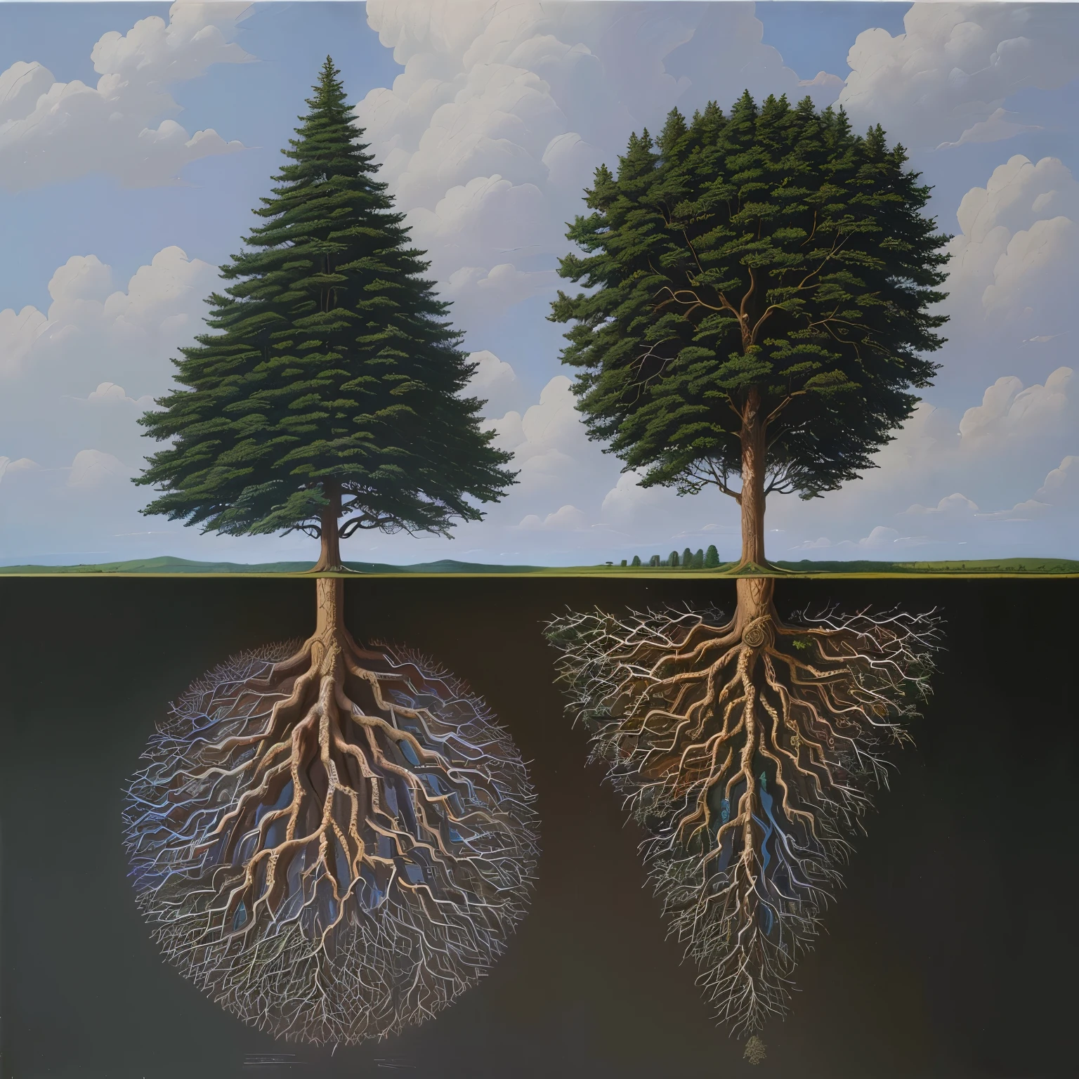 painting of two trees with their roots in the ground, rooted lineage, root system, jim warren and rob gonsalves, rob gonsalves and tim white, tree's, true proportions, highly detailed painting, highly detailed oil painting, highly detailed oil on canvas, chris achilleos, inspired by Rafal Olbinski, symmetrical painting, collective civilization tree