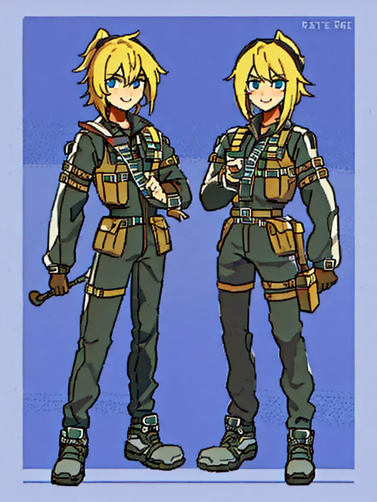 (((Full Body))) (((Twins))) ((Detailed)) They are boy twins 12-year-old with blonde and short hair. One has an smile. Another one appears serious. Both are dressed in practical survival gear with a pragmatic touch. 