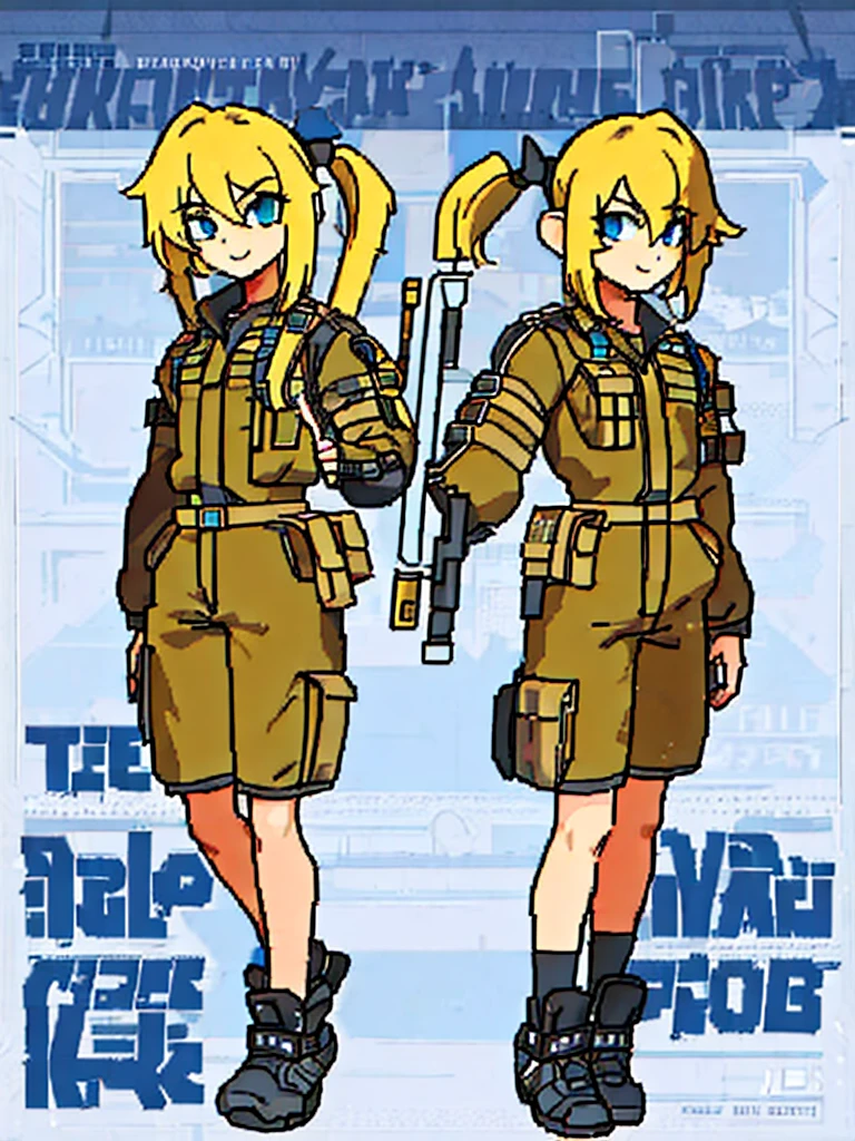 (((Full Body))) (((Twins))) ((Detailed)) They are boy twins 12-year-old with blonde and short hair. One has an smile. Another one appears serious. Both are dressed in practical survival gear with a pragmatic touch.