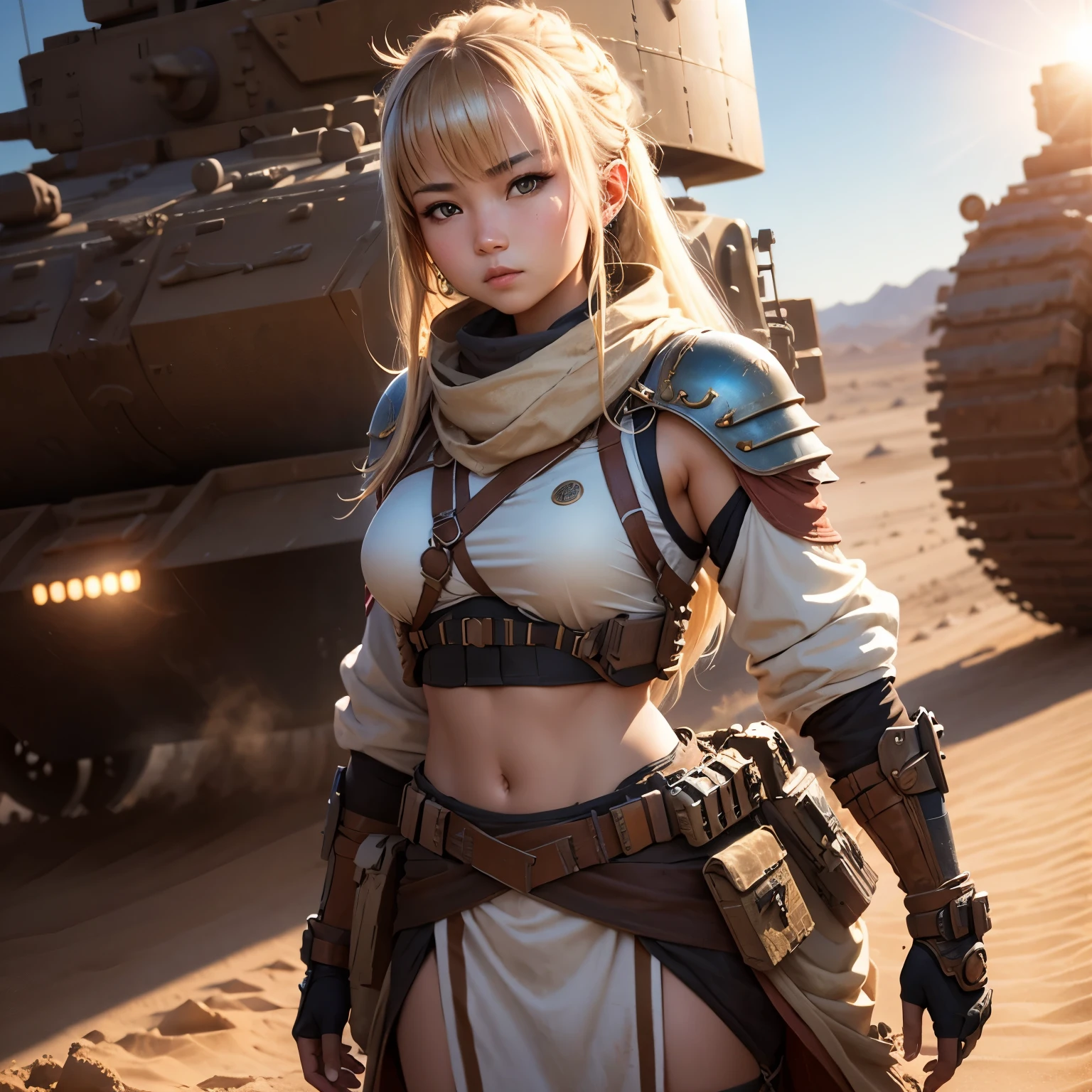 desert tank, Young beautiful female commander of nomads standing on tank、Capture the whole picture、Lens flare,
