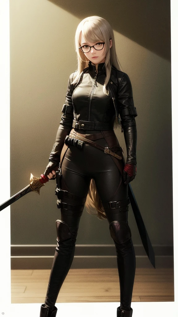 masterpiece, concept art, best shot, Holding a beautifully decorated long sword, head to toe((must)), aschgray haired early 20's Russian girl, Wearing jet black protector, cutting edge protective gear,  , Ilya Kuvshinov's style