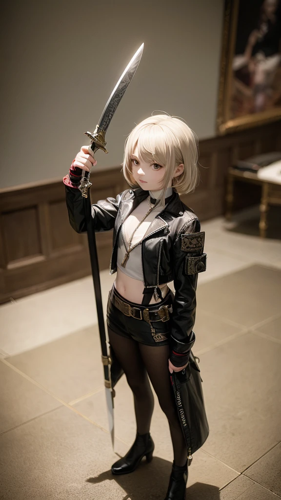 masterpiece, concept art, best shot, Holding a beautifully decorated long sword, head to toe((must)), aschgray haired early 20's Russian girl, Wearing jet black protector, cutting edge protective gear, , Ilya Kuvshinov's style