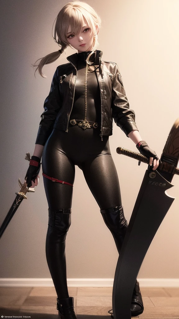 masterpiece, concept art, best shot, Holding a beautifully decorated long sword, head to toe((must)), aschgray haired early 20's Russian girl, Wearing jet black protector, cutting edge protective gear,  , Ilya Kuvshinov's style