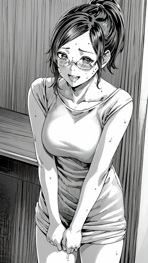 (masterpiece, best quality:1.2), highres, (greyscale, monochrome:1.2), 1girl, solo, blush, seductive smile,
Kayoko_Hoshi, mature female, short hair, ponytail, bangs, sidelocks, glasses, rimless eyewear, large breasts, lips, looking at viewer, viewer, (depicting a single moment from a anime for adults), (hand-drawn), (various patterned feminine casual dress), ((drooping eyes, blush, sweat, shame smile, thin lips, spread her legs)), (((standing to hit her crotch the corner of the table, orgasm))), open mouth,
