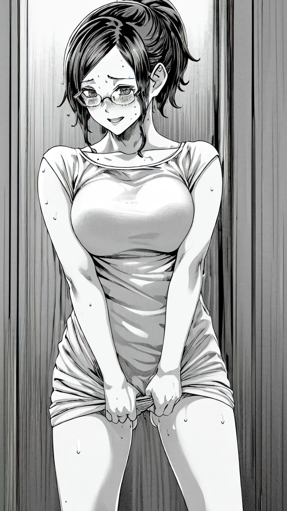 (masterpiece, best quality:1.2), highres, (greyscale, monochrome:1.2), 1girl, solo, blush, seductive smile,
Kayoko_Hoshi, mature female, short hair, ponytail, bangs, sidelocks, glasses, rimless eyewear, large breasts, lips, looking at viewer, viewer, (depicting a single moment from a anime for adults), (hand-drawn), (various patterned feminine casual dress), ((drooping eyes, blush, sweat, shame smile, thin lips, spread her legs)), (((standing to hit her crotch the corner of the table, orgasm))), open mouth,