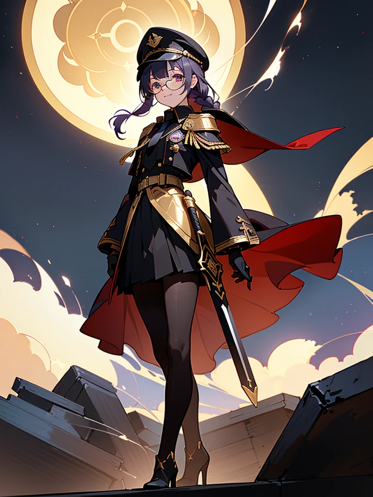 realisitic, City Deserted, Pile of rubble, Brick building, a one woman (18 years old, far away blackw hair, far away slits, Eyes red, glare eyes, 精致的面容, standing (In floor, feet shoulder-width apart), Lolita style military uniform (blackw base, Red Insert, golden decoration, volantes, wide sleeves, dainty and delicate detailing armors), blackw far away gloves (blackw, Red Insert, golden decoration, small hands, armors), blackw far away gloves, knee high boots (blackw, high-heels, red soles), ha (blackw, aba dourada, shield emblem, delicate details), arms in front, Front of belly, Holding military swords with both hands (blackw, golden decoration, delicate detail, Handle at the top, Ground-facing blade, in front of the body, far away), night sky (blackw, stele, Increased flames and smoke) Pale painting style, One Girl, super high quality, Super Detail, Super Detailed image, long hair, looking at viewer, skirt, shirt, hair ornament, violet eyes, gloves, round glasses, long sleeves, hat, closed mouth, jacket, violet hair, braid, open clothes, necktie, black gloves, black skirt, uniform, single braid, open jacket, black jacket, black headwear, 手链, peaked cap, black necktie, cropped jacket, military hat, pantyhose, Flat Chest, smile, Black Cape