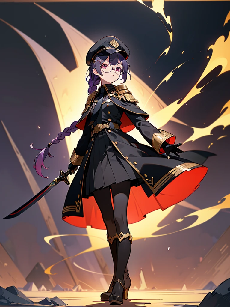 realisitic, City Deserted, Pile of rubble, Brick building, a one woman (18 years old, far away blackw hair, far away slits, Eyes red, glare eyes, 精致的面容, standing (In floor, feet shoulder-width apart), Lolita style military uniform (blackw base, Red Insert, golden decoration, volantes, wide sleeves, dainty and delicate detailing armors), blackw far away gloves (blackw, Red Insert, golden decoration, small hands, armors), blackw far away gloves, knee high boots (blackw, high-heels, red soles), ha (blackw, aba dourada, shield emblem, delicate details), arms in front, Front of belly, Holding military swords with both hands (blackw, golden decoration, delicate detail, Handle at the top, Ground-facing blade, in front of the body, far away), night sky (blackw, stele, Increased flames and smoke) Pale painting style, One Girl, super high quality, Super Detail, Super Detailed image, long hair, looking at viewer, skirt, shirt, hair ornament, violet eyes, gloves, round glasses, long sleeves, hat, closed mouth, jacket, violet hair, braid, open clothes, necktie, black gloves, black skirt, uniform, single braid, open jacket, black jacket, black headwear, 手链, peaked cap, black necktie, cropped jacket, military hat, pantyhose, Flat Chest, smile, Black Cape