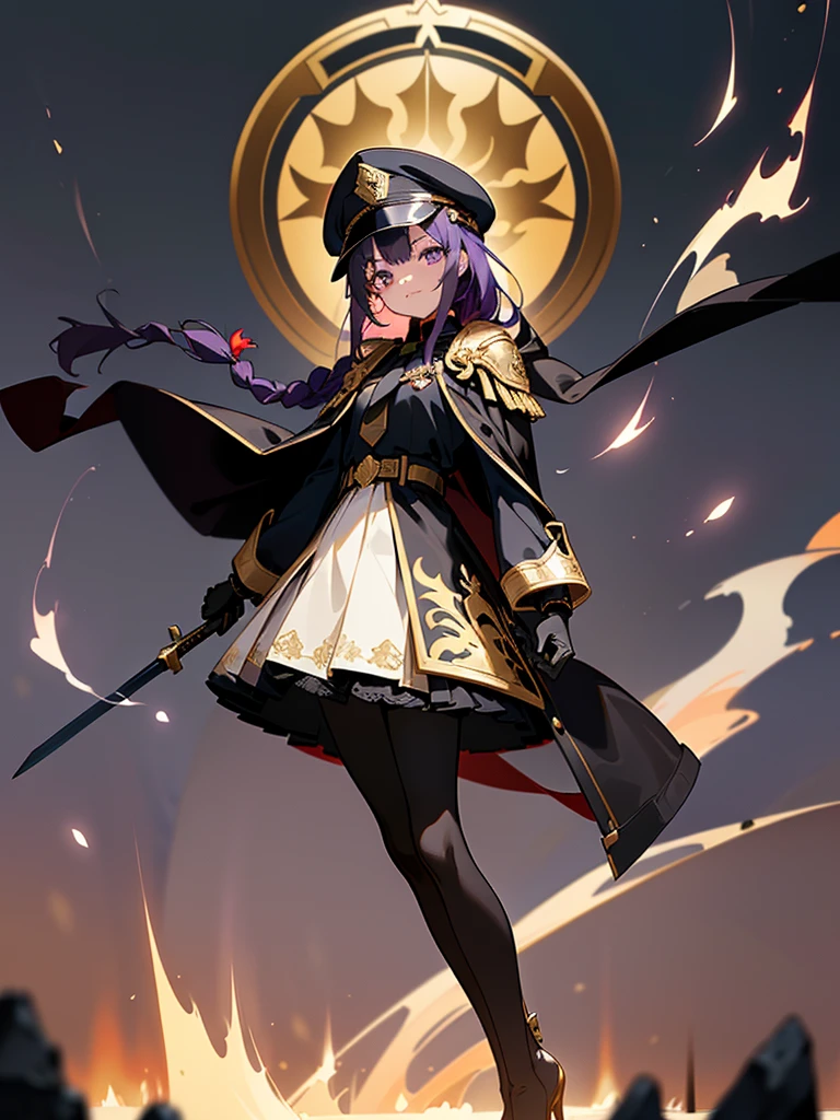 realisitic, City Deserted, Pile of rubble, Brick building, a one woman (18 years old, far away blackw hair, far away slits, Eyes red, glare eyes, 精致的面容, standing (In floor, feet shoulder-width apart), Lolita style military uniform (blackw base, Red Insert, golden decoration, volantes, wide sleeves, dainty and delicate detailing armors), blackw far away gloves (blackw, Red Insert, golden decoration, small hands, armors), blackw far away gloves, knee high boots (blackw, high-heels, red soles), ha (blackw, aba dourada, shield emblem, delicate details), arms in front, Front of belly, Holding military swords with both hands (blackw, golden decoration, delicate detail, Handle at the top, Ground-facing blade, in front of the body, far away), night sky (blackw, stele, Increased flames and smoke) Pale painting style, One Girl, super high quality, Super Detail, Super Detailed image, long hair, looking at viewer, skirt, shirt, hair ornament, violet eyes, gloves, round glasses, long sleeves, hat, closed mouth, jacket, violet hair, braid, open clothes, necktie, black gloves, black skirt, uniform, single braid, open jacket, black jacket, black headwear, 手链, peaked cap, black necktie, cropped jacket, military hat, pantyhose, Flat Chest, smile, Black Cape
