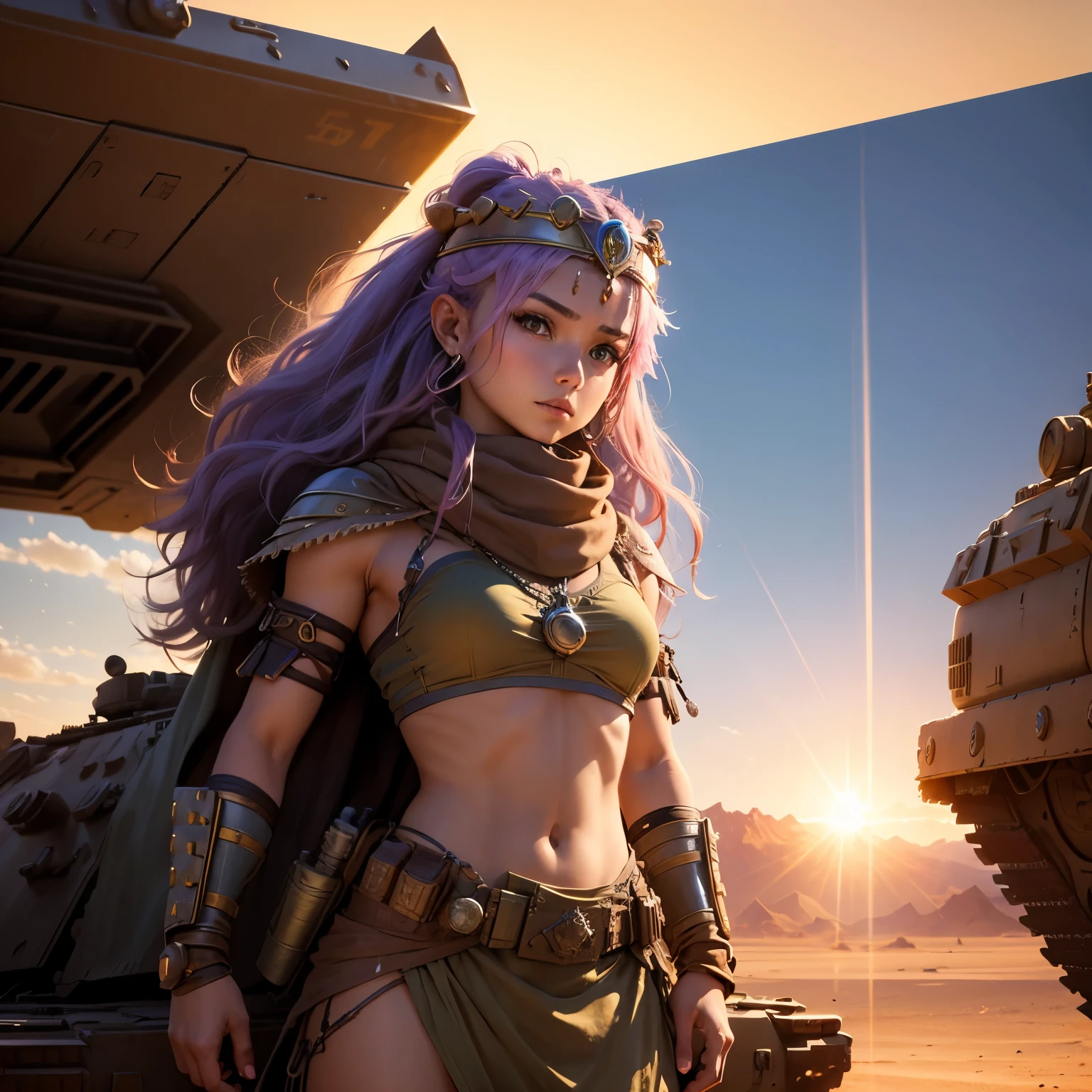 desert tank, (Young beautiful nomad princess commander standing on tank:1.2)、Capture the whole picture、Lens flare, 