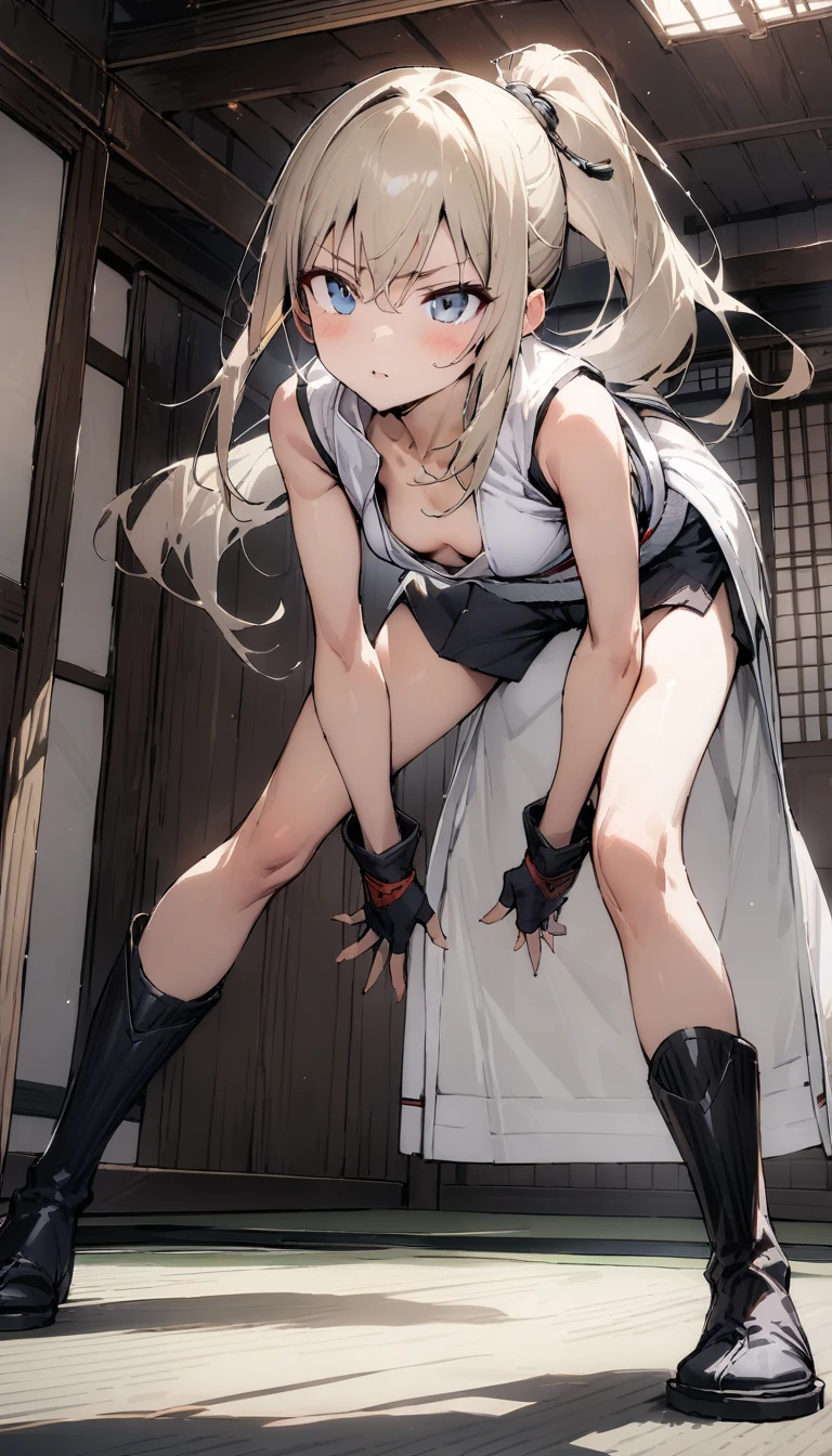 ((Highest quality)), ((masterpiece)), (detailed),full body ,slender. ((Rin々A cool female karateka)) small breasts Long-haired ponytail ((Sleeveless white karate uniform)) Black shorts Knee-high boots Leaning forward Open chest black fingerless gloves inside dojo