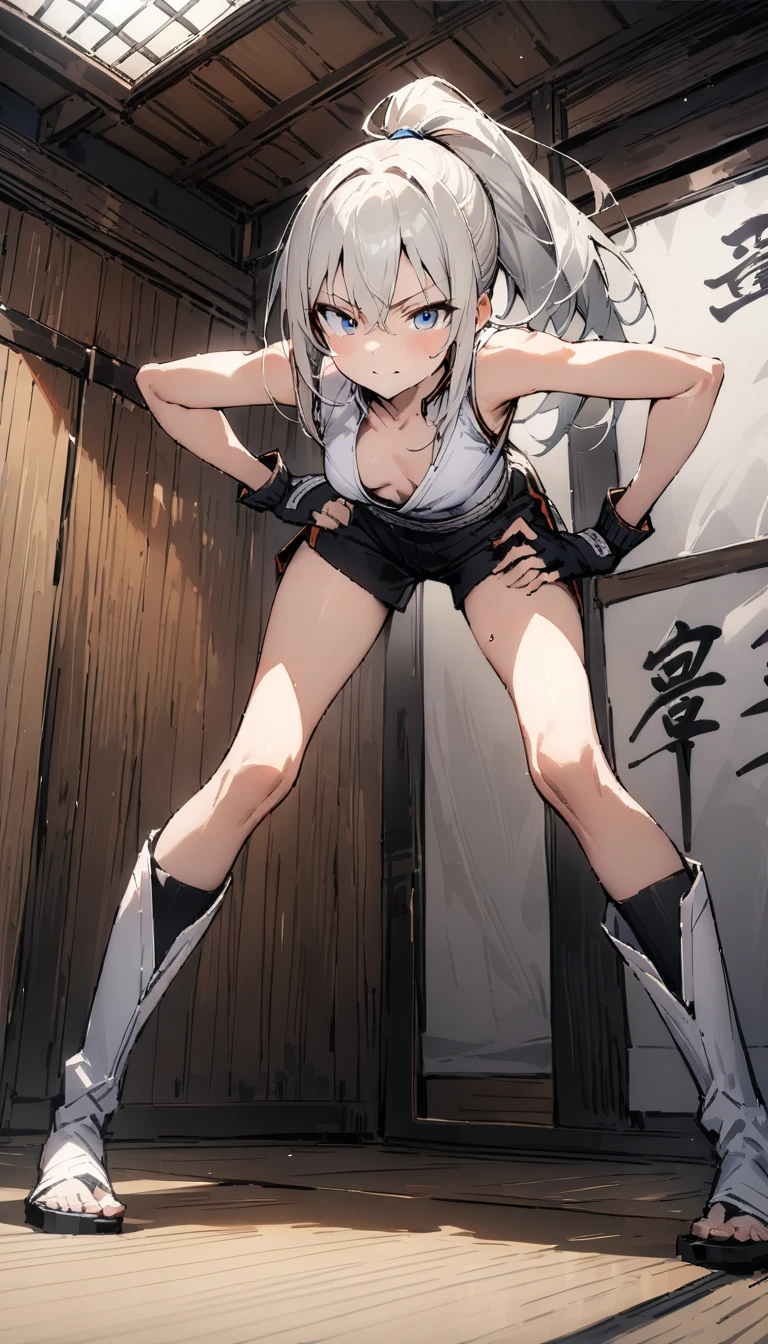 ((Highest quality)), ((masterpiece)), (detailed),full body ,slender. ((Rin々A cool female karateka)) small breasts Long-haired ponytail ((Sleeveless white karate uniform)) Black shorts Knee-high boots Leaning forward Open chest black fingerless gloves inside dojo