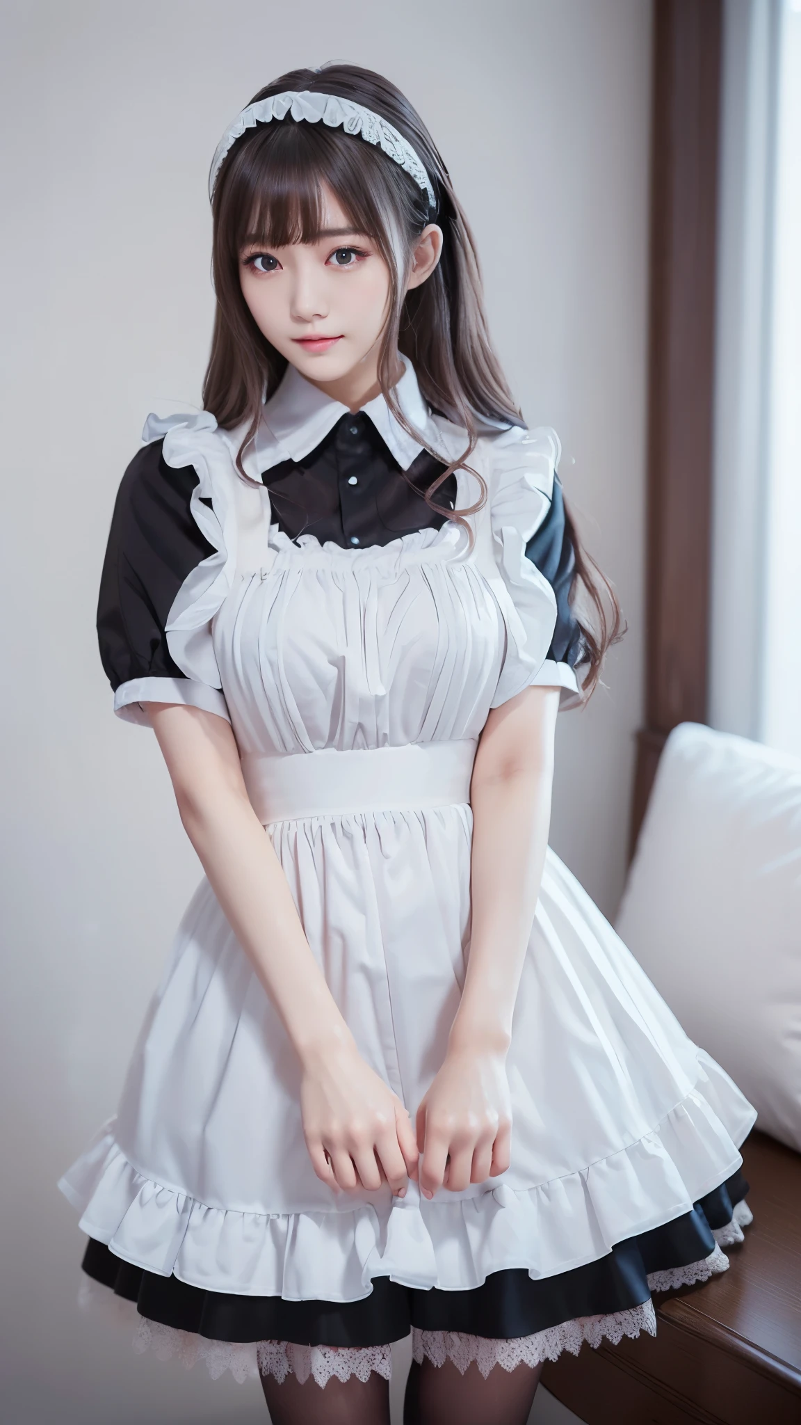 ((Masterpiece,Highest quality,Highest quality,8K,16K,Ultra-high resolution,極めてdetailed,detailed)),(Japanese,Maid,Servant),Beauty,Slender,sexy,D Cup,Narrow waist,Long, slender legs,Bedroom,Large windows,Curtains fluttering in the wind,