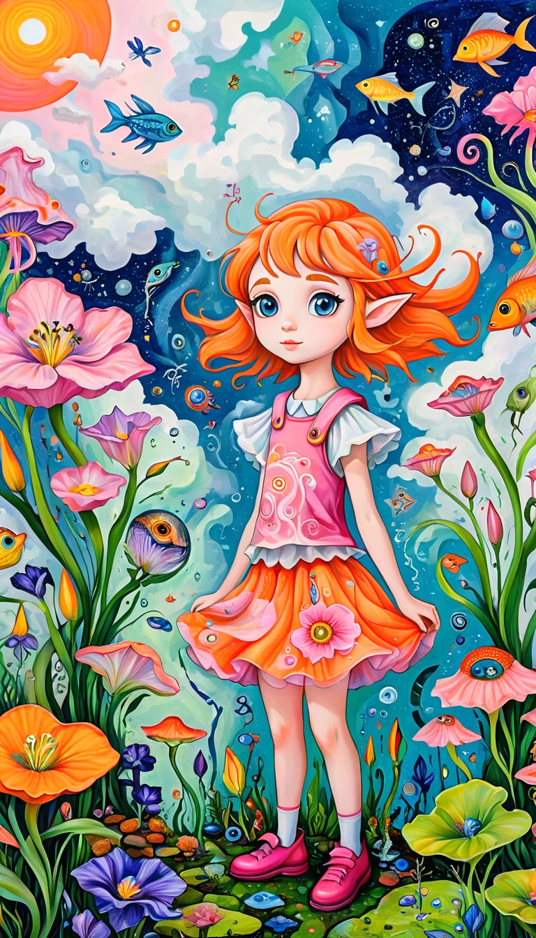 Children's graffiti,Thick coating,Concave and convex texture,Oil pastel strokes:The elf in a pink flower skirt,A cloud,、iris、fish、Tentacles、bird、Eye、diatom,Abstract mosaic painting,Describing the inner world of autistic people,Sense of space,White Space,interesting,Innocence,Psychedelic Art,Orange overall