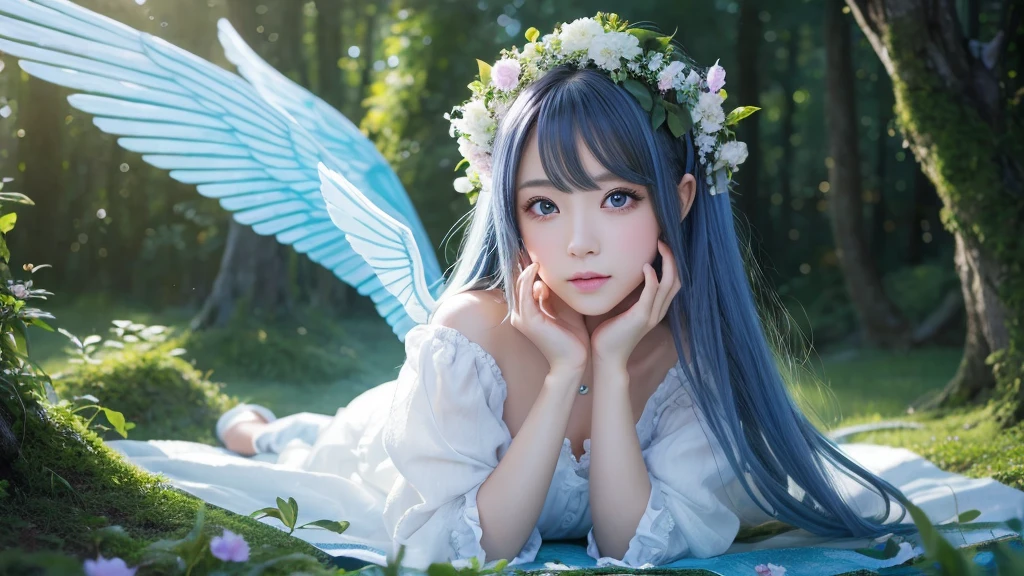 1920×1080、Photogenic reality、heaven、Fantasy、Powerful Magic、In the fantasy forest、Wrapped in dazzling light、眩Shiiほどの黄金色の光が降り注ぐ、god々Shii、Fantasy、Spreading its large wings、cute、Beauty、Adult female、Big Eyes、一人の美Shii天使の全身の画像を作ってください