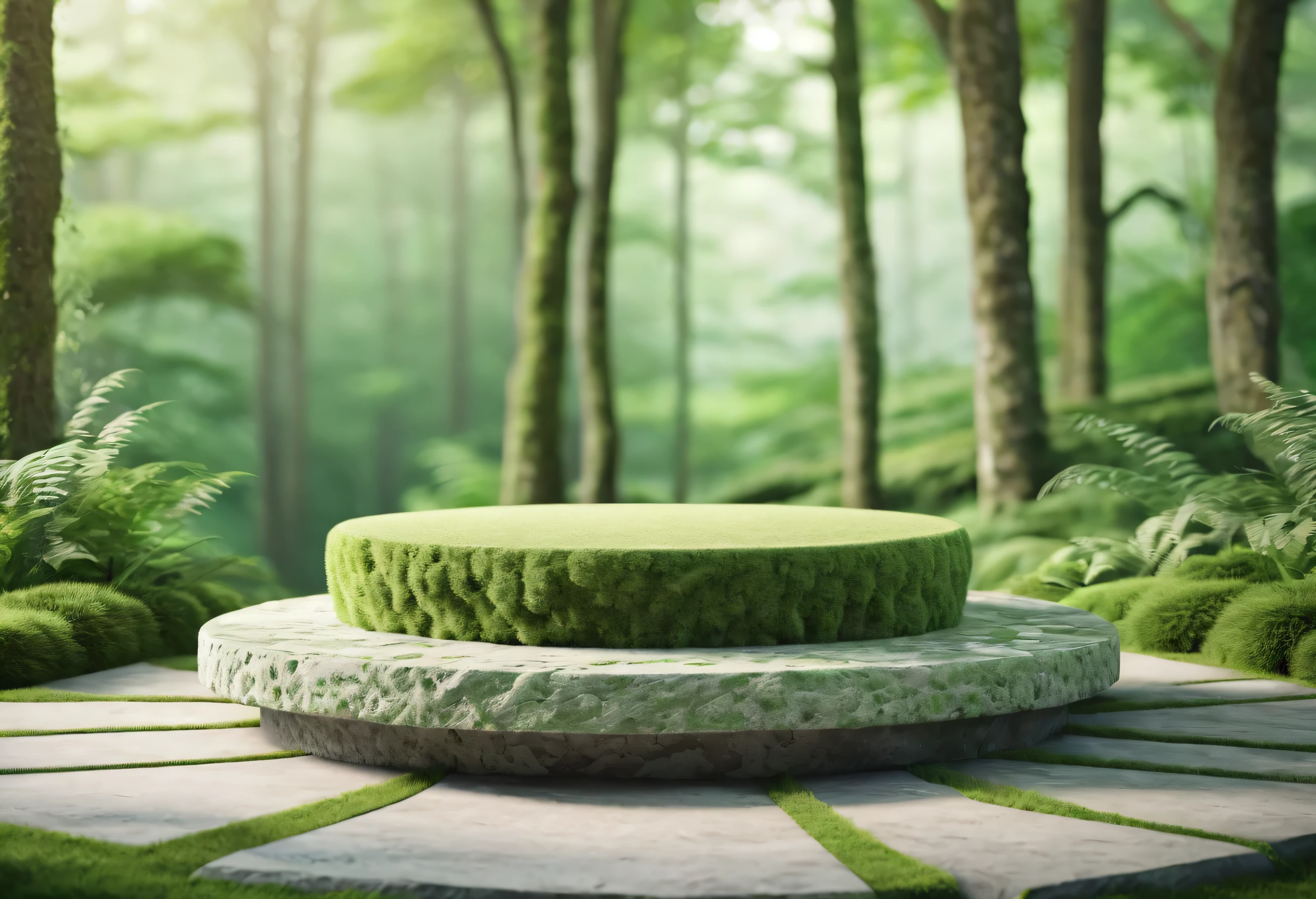 Mossy stone podium on stone platform 3d illustration, stone pedestal for product display booth, green and blurred forest background