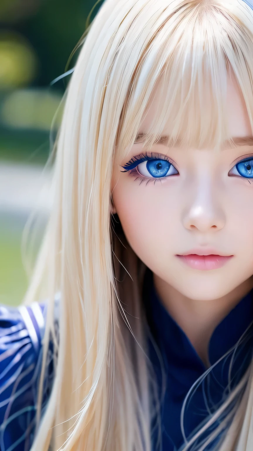Very beautiful face、windy silky blonde super long hair、Swinging bangs、19 year old cute sexy blue eyed blonde girl、Hair above the eyes、片Hair above the eyes、Hair between the eyes、Big bright blue eyes that sparkle so beautifully、eyeliner、