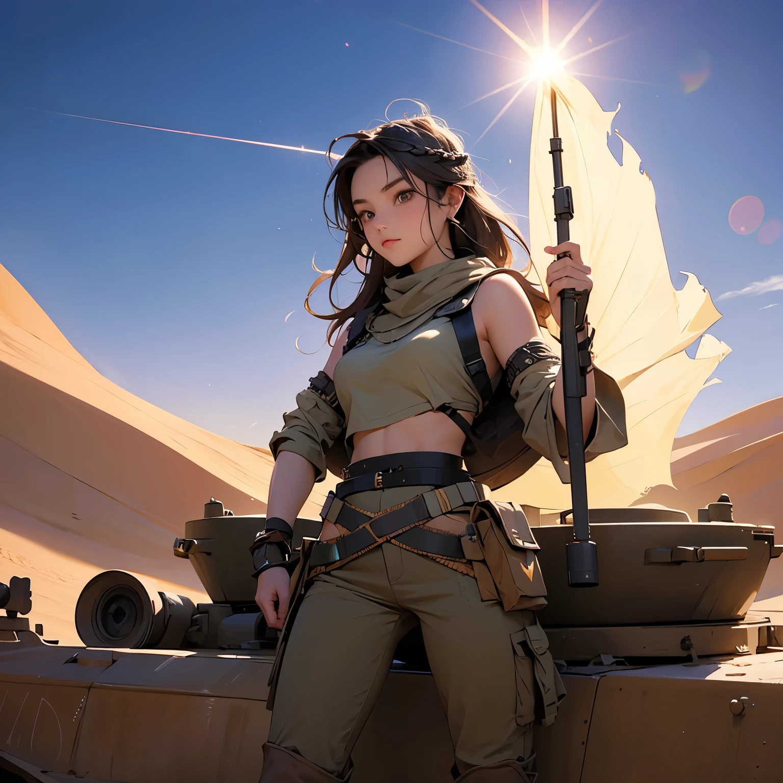 desert tank, (Young beautiful nomad princess commander standing on tank:1.2)、(Photographing the entire tank)、Lens flare, 