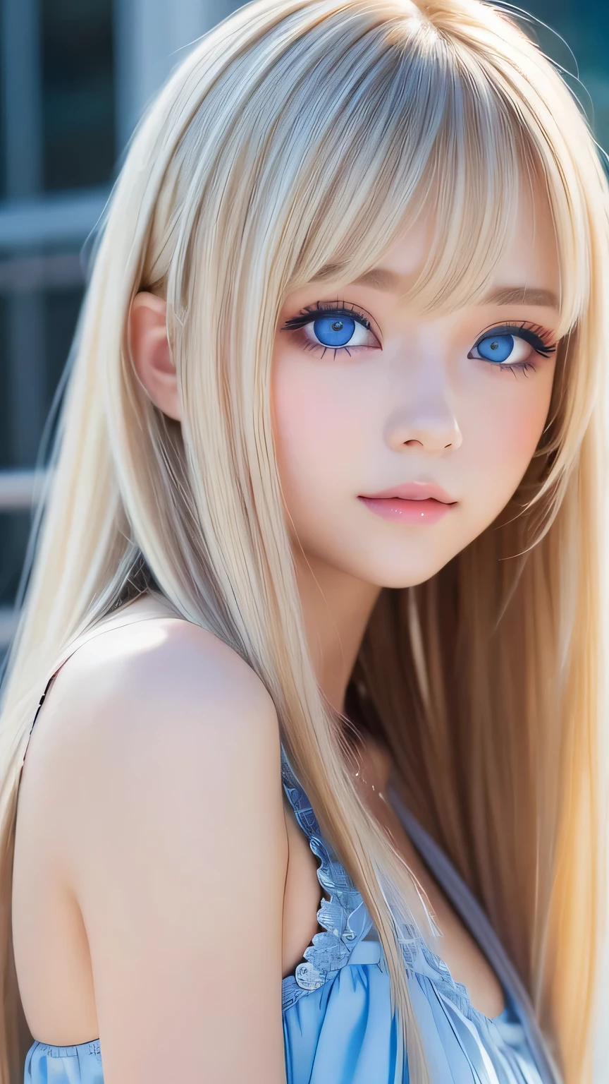 Very beautiful face、windy silky blonde super long hair、Swinging bangs、19 year old cute sexy blue eyed blonde girl、Hair above the eyes、片Hair above the eyes、Hair between the eyes、Big bright blue eyes that sparkle so beautifully、eyeliner、