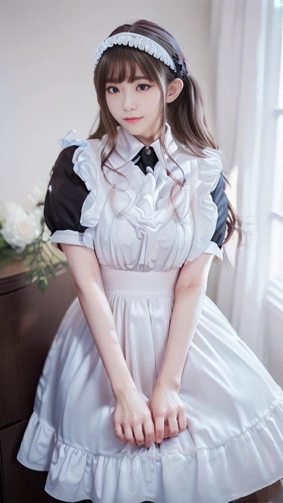 ((Masterpiece，Highest quality，Highest quality，8K，16K，Ultra-high resolution，極めてdetailed，detailed))，(Japanese，Maid，Servant)，Beauty，Slender，sexy，D Cup，Narrow waist，Long, slender legs，Bedroom，Large windows，Curtains fluttering in the wind，