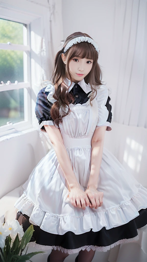 ((Masterpiece，Highest quality，Highest quality，8K，16K，Ultra-high resolution，極めてdetailed，detailed))，(Japanese，Maid，Servant)，Beauty，Slender，sexy，D Cup，Narrow waist，Long, slender legs，Bedroom，Large windows，Curtains fluttering in the wind，