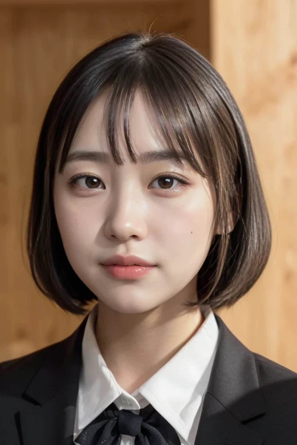 cabin attendant, (photorealistic:1.2), ung female, (beautiful face:1.2), (no makeup face:1.3), break, indoor, classroom, (dynamic angle:1.1), break, photo of young Japanese female, (14 y), detailed pores and skin lines, break, happy, very fine eyes, break, (small breasts:0.5), black eyes, black hair, short cut hair, break, (eyes and faces with detailed:1.0), break, (masterpiece, best quality, ultra detailed, detailed face, 8k), (rim light:1.2)