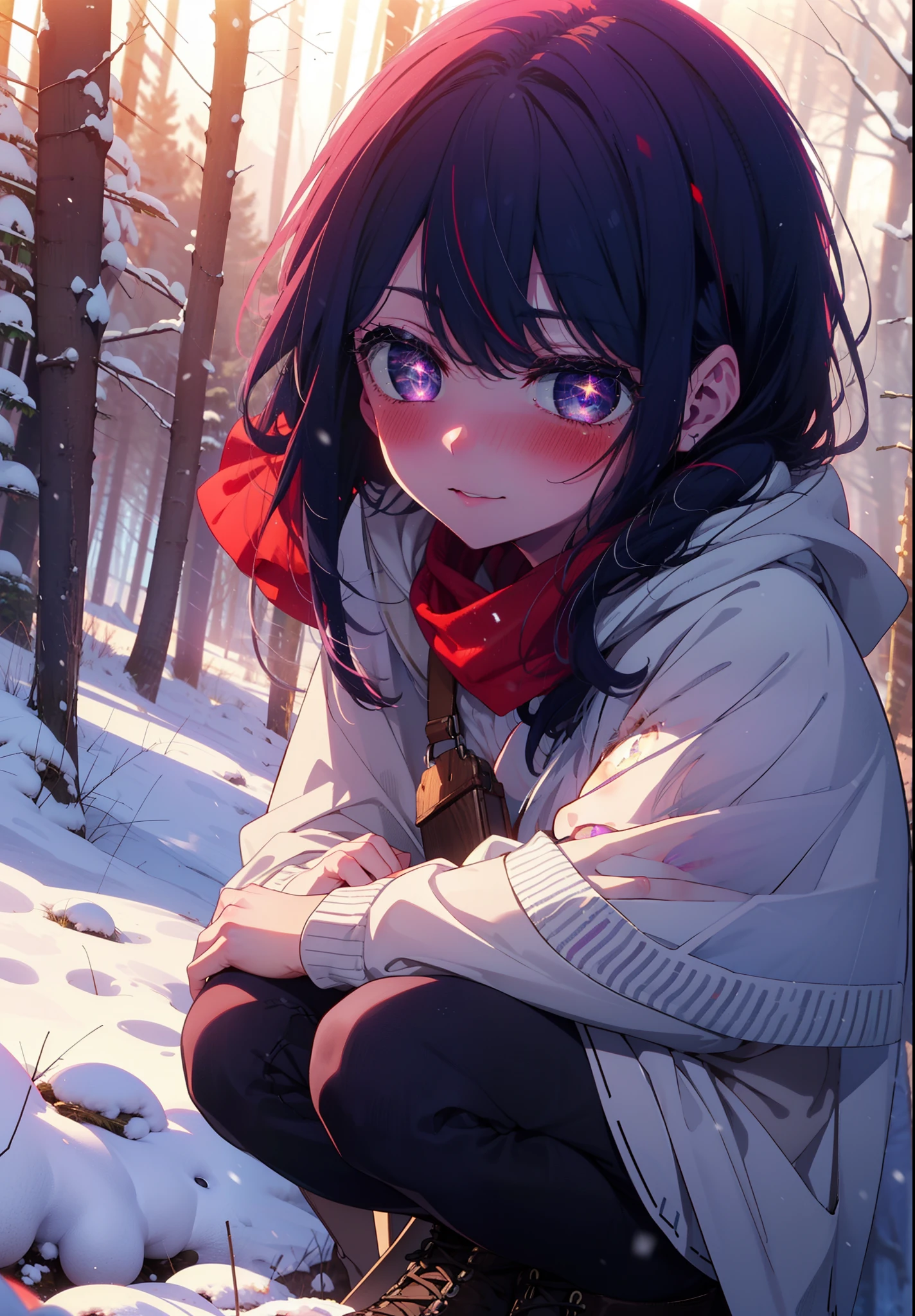 aihoshino, Ai Hoshino, Long Hair, bangs, (Purple eyes:1.1), Purple Hair, (Symbol-shaped pupil:1.5), smile,,smile,blush,White Breath,
Open your mouth,snow,Ground bonfire, Outdoor, boots, snowing, From the side, wood, suitcase, Cape, Blurred, , forest, White handbag, nature,  Squat, Mouth closed, Cape, winter, Written boundary depth, Black shoes, red Cape break looking at viewer, Upper Body, whole body, break Outdoor, forest, nature, break (masterpiece:1.2), Highest quality, High resolution, unity 8k wallpaper, (shape:0.8), (Beautiful and beautiful eyes:1.6), Highly detailed face, Perfect lighting, Highly detailed CG, (Perfect hands, Perfect Anatomy),