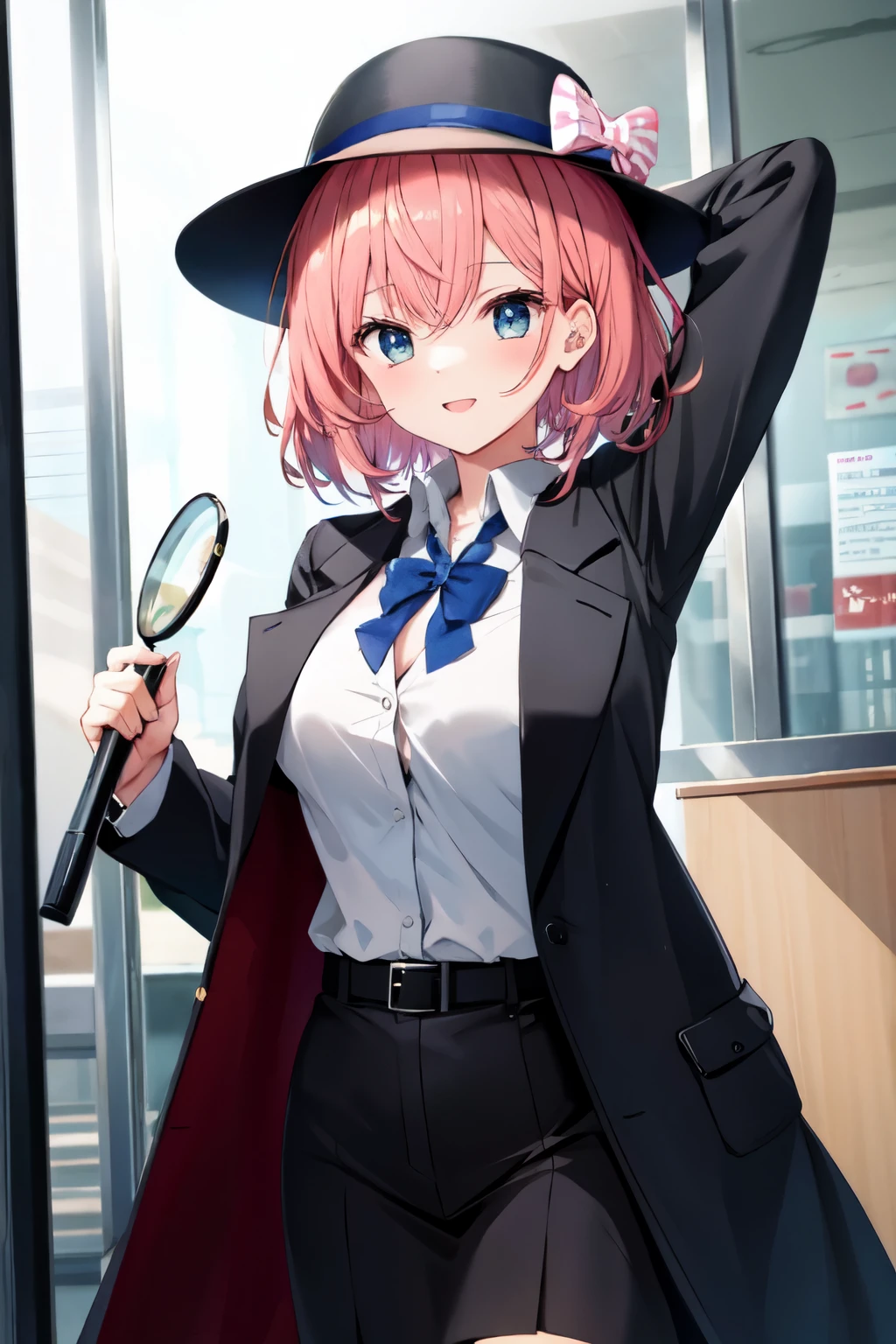 Detective girl, anime, masterpiece, best quality, magnifying glass, black trench coat, office suit