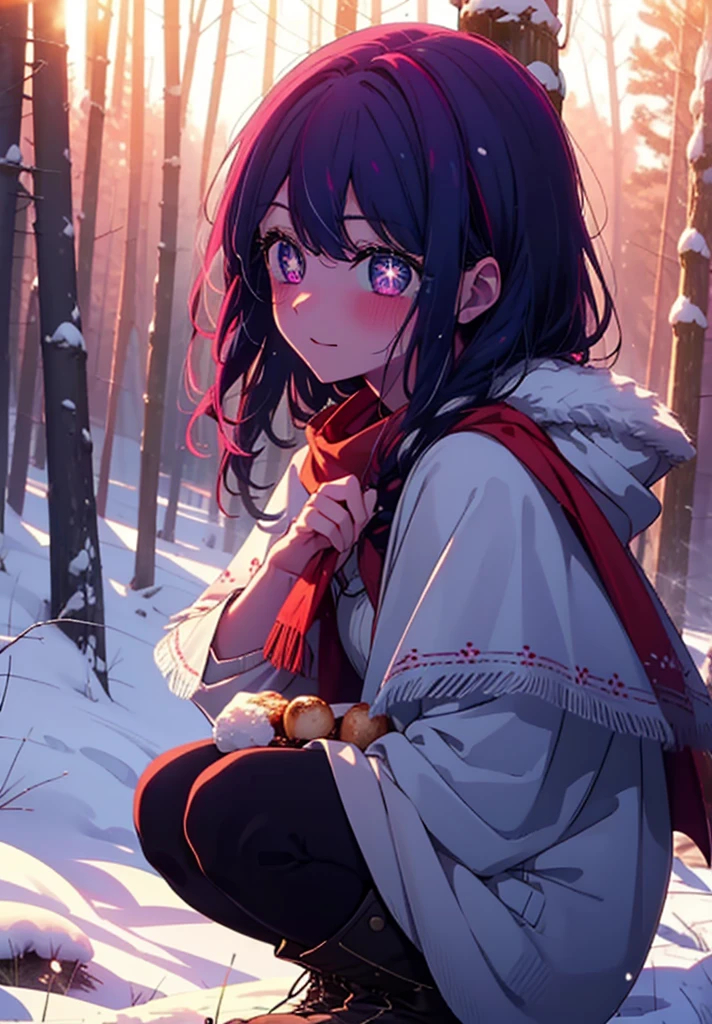 aihoshino, Ai Hoshino, Long Hair, bangs, (Purple eyes:1.1), Purple Hair, (Symbol-shaped pupil:1.5), smile,,smile,blush,White Breath,
Open your mouth,snow,Ground bonfire, Outdoor, boots, snowing, From the side, wood, suitcase, Cape, Blurred, , forest, White handbag, nature, Squat, Mouth closed, Cape, winter, Written boundary depth, Black shoes, red Cape break looking at viewer, Upper Body, whole body, break Outdoor, forest, nature, break (masterpiece:1.2), Highest quality, High resolution, unity 8k wallpaper, (shape:0.8), (Beautiful and beautiful eyes:1.6), Highly detailed face, Perfect lighting, Highly detailed CG, (Perfect hands, Perfect Anatomy),