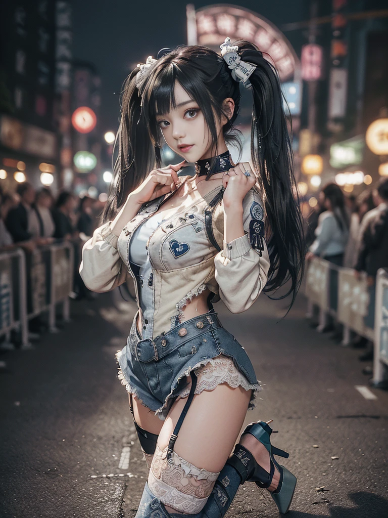 (Full Body View:1.2)、(Full body:1.3)、(Smiling with teeth showing:1.3),(Shibuya Gal:1.5)、(Hostess:1.4)、(Neo-goth fashion:1.5)、(Punk RockVisual Kei:1.3)、(Futuristic bodysuit in white, beige and denim with embellishments:1.5)、(A delicate short jacket in denim, beige and navy:1.5)、(Denim garter belt:1.5)、(Tattered denim and a white micro mini skirt:1.3)、(Heart-shaped silver accessories:1.5)、(Brown Skin Belt:1.4)、(Blue High Heels:1.4)、(Lace patterned underwear:1.4)、20-year-old、NSFW,((Highest quality、In 8K、masterpiece:1.3))、Sharp focus:1.2、(Layered Cut、Huge boobs:1.1),Beautiful woman with perfect figure:1.4、(Doing an aerobics pose:1.3)、Slender Abs:1.2、Butt、Highly detailed face and skin texture、Detailed eyes、double eyelid,(Twin tails:1.3)、(Black brown hair:1.3)、Obscene、Gravure idol、(Luxurious amusement park at night:1.3)、(Make your legs thinner:1.4)、(Thin thighs:1.4)、(Slim body:1.3)、(clavicle:1.1)