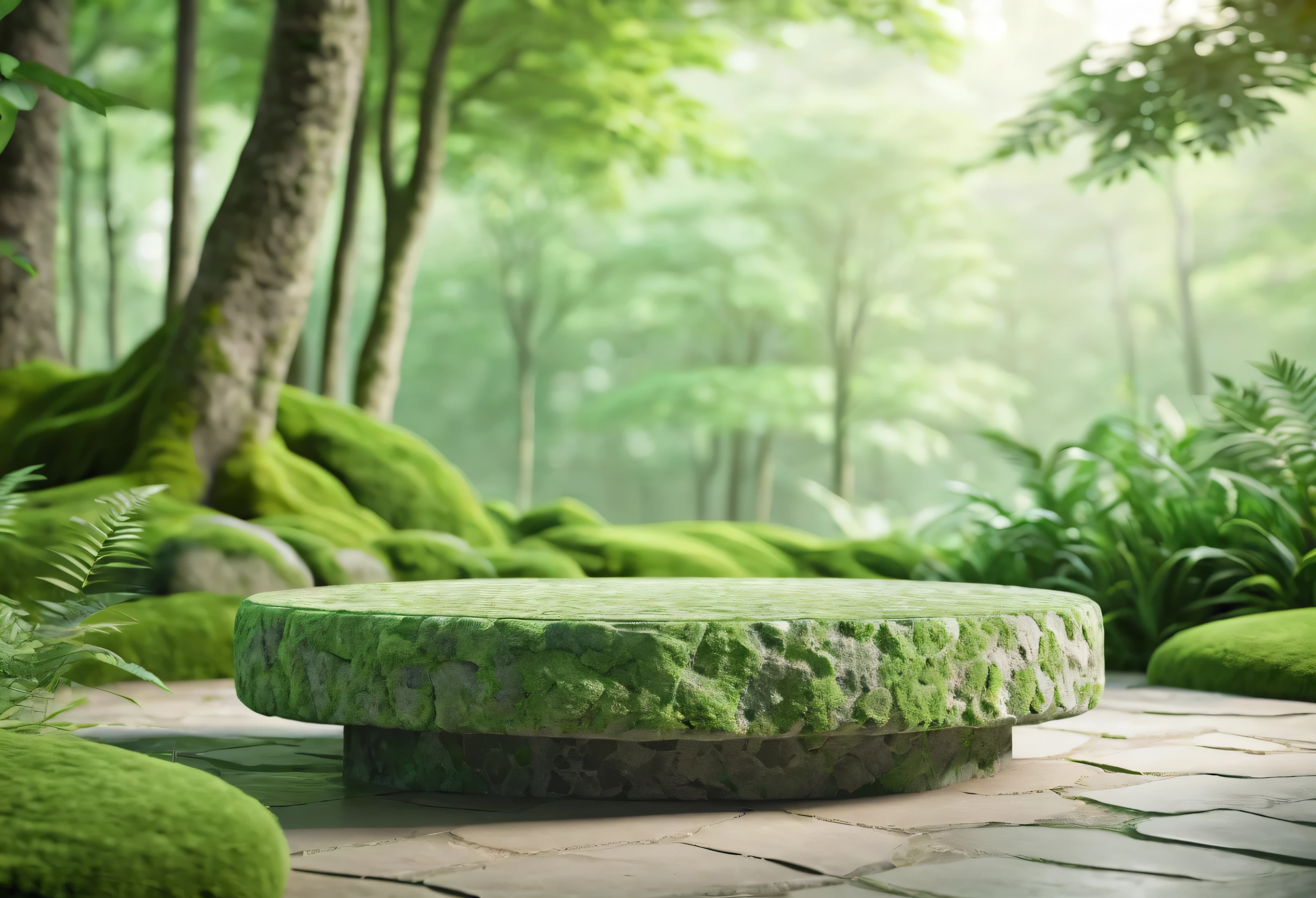 Mossy stone podium on stone platform 3d illustration, stone pedestal for product display booth, green and blurred forest background