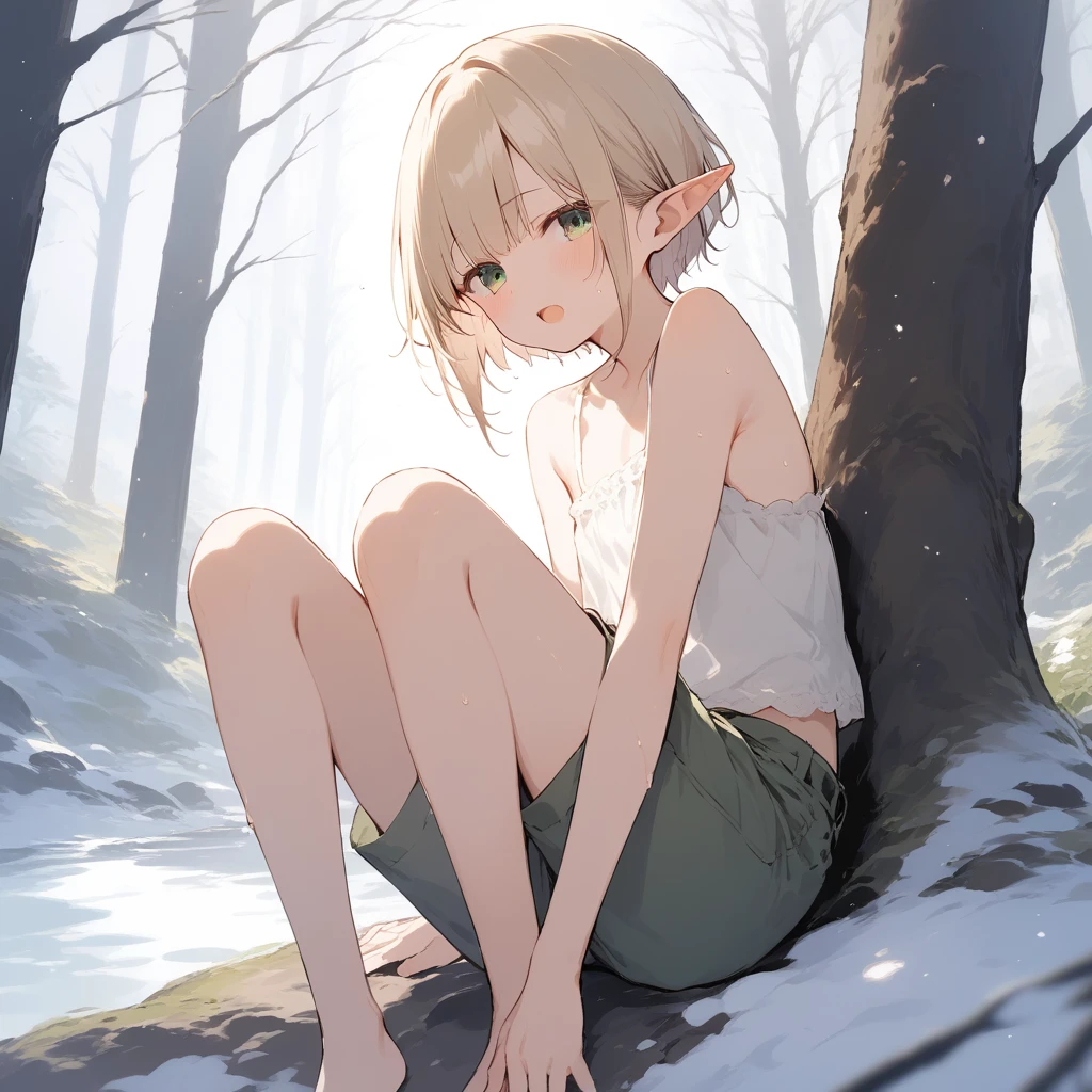 score_9, score_8_up, score_7_up, source_anime, best quality, masterpiece, official art, absurdres, highres, ultra-detailed,waifu2x,Collection: Slice of Life,break,1girl, elf, short hair, cool, slender, androgynous, flat chest, beautiful detailed eyes, green shorts, sweat, open mouth,  sleepily, outdoors, forest,break,(clear line illustration:1.2), super detailed skin,very high resolution, very aesthetic, Best sexual lighting powered by famous artist, 8k,cute picture,beauty illustration,photoshop_(medium),,(Detailed Lighting),best anime 8k konachan wallpaper, pixiv contest winner, 