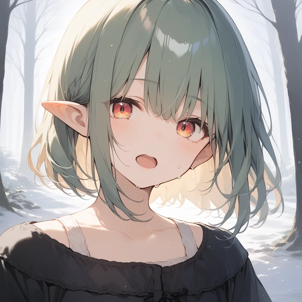 score_9, score_8_up, score_7_up, source_anime, best quality, masterpiece, official art, absurdres, highres, ultra-detailed,waifu2x,Collection: Slice of Life,break,1girl, elf, short hair, cool, slender, androgynous, flat chest, beautiful detailed eyes, green shorts, sweat, open mouth,  sleepily, outdoors, forest,break,(clear line illustration:1.2), super detailed skin,very high resolution, very aesthetic, Best sexual lighting powered by famous artist, 8k,cute picture,beauty illustration,photoshop_(medium),,(Detailed Lighting),best anime 8k konachan wallpaper, pixiv contest winner, 