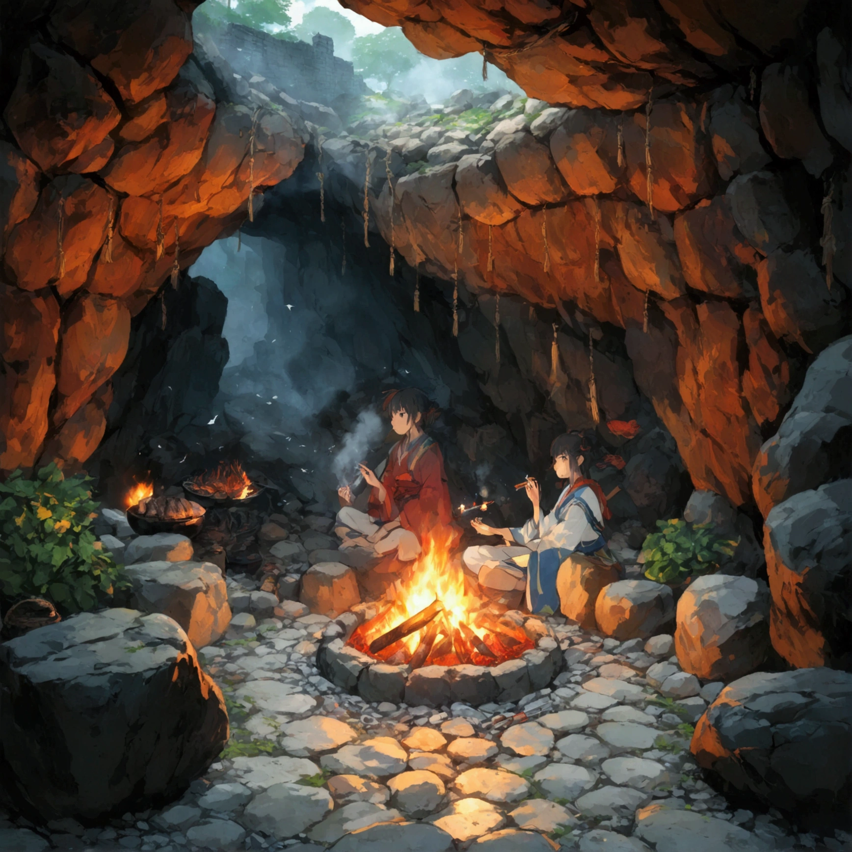 Beautiful game world,Fantasy,Furai no Shiren,Dungeons,First Person View,Rest area,dim,cave,Stone wall,Bonfire,inflammation,cigarette,The smell of charcoal fire,Smells delicious,meat,vegetables,Grilled rice balls,Silence,Birds chirping,The sound of the wind,Calm time,Tired of adventure,satiety
