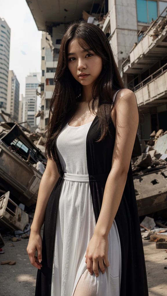Girl standing as reporter, beautiful, korean eyes, srabfed face, half body, long hair, black maxi dress, buildings debris background,
