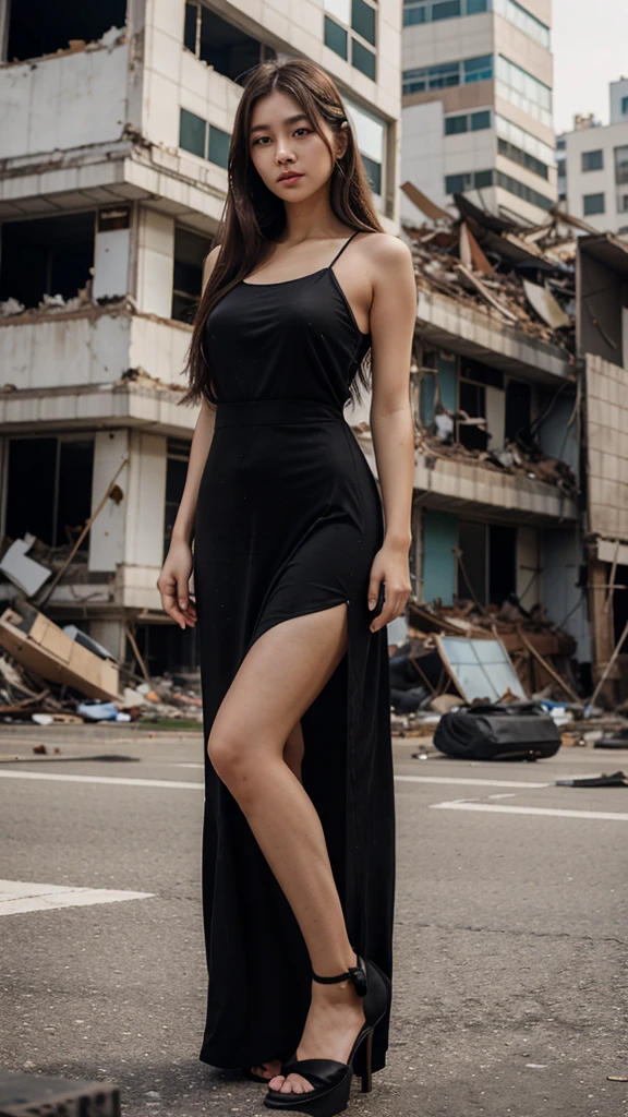 Girl standing as reporter, beautiful, korean eyes, srabfed face, half body, long hair, black maxi dress, buildings debris background,