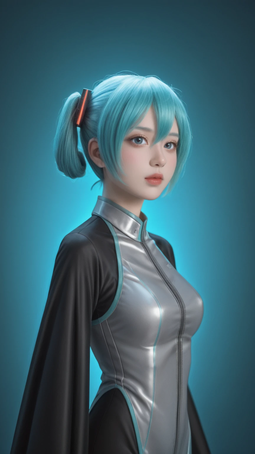  In a futuristic sci-fi setting, behold the enchanting figure of a single girl, embodying the essence of Hatsune Miku. Her eyes glow with an otherworldly light, reflecting a fusion of technology and artistry. Draped in a sleek, plasma-tech outfit, she exudes a sense of advanced sophistication. The outfit is adorned with intricate plasma filaments, weaving a pattern of light and energy across her form. Her skin appears to be composed of vibrant, colored plasma, pulsating with an ethereal glow.