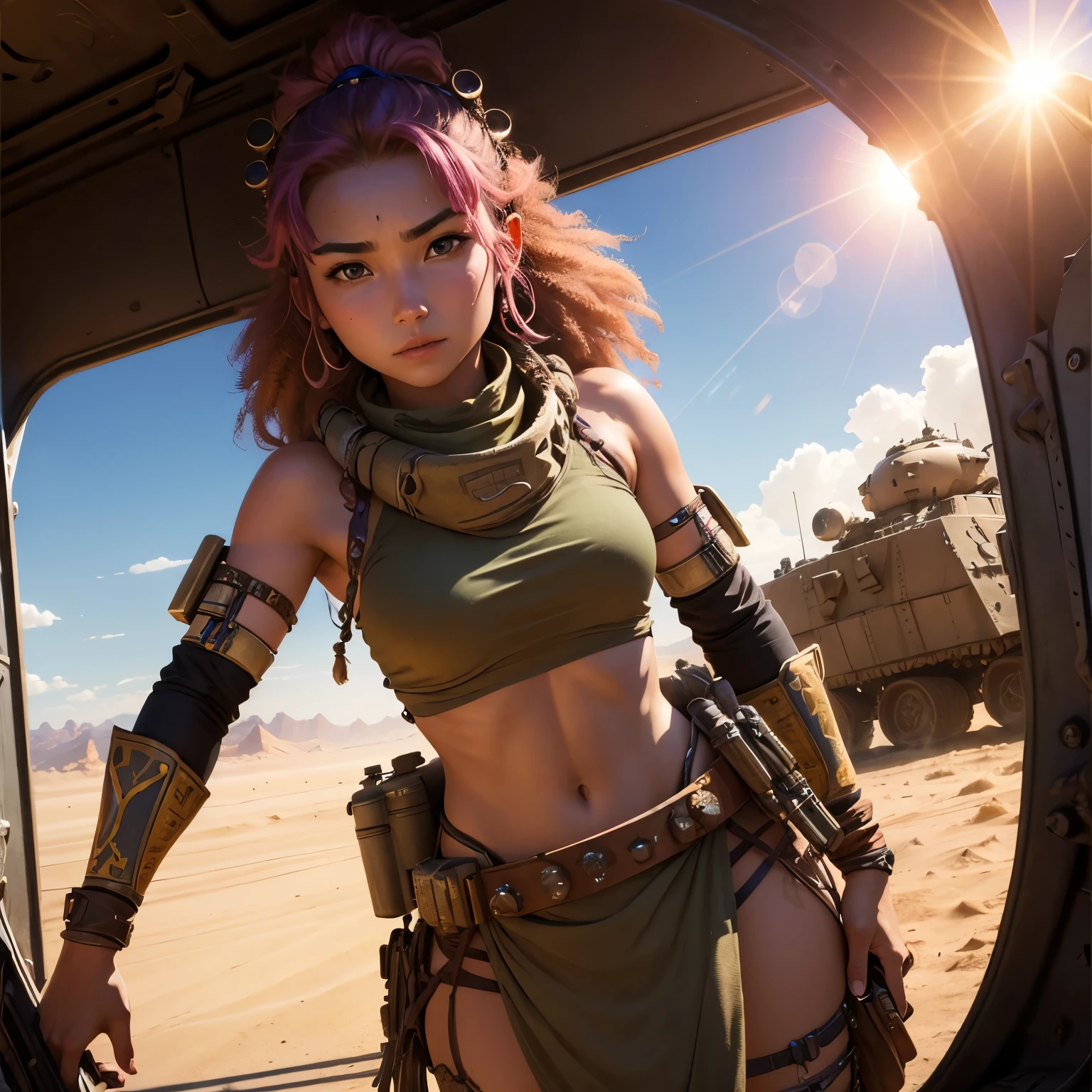 desert tank, (Young beautiful nomad princess commander:1.2)、(Photographing the entire tank)、Lens flare, 