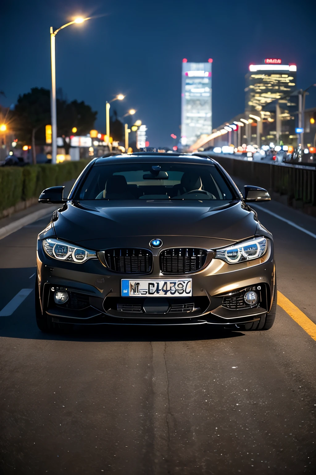 ((Highest quality)), ((masterpiece)), (detailed), Metropolis Night view bmw 4 series Stylish Black body travelling