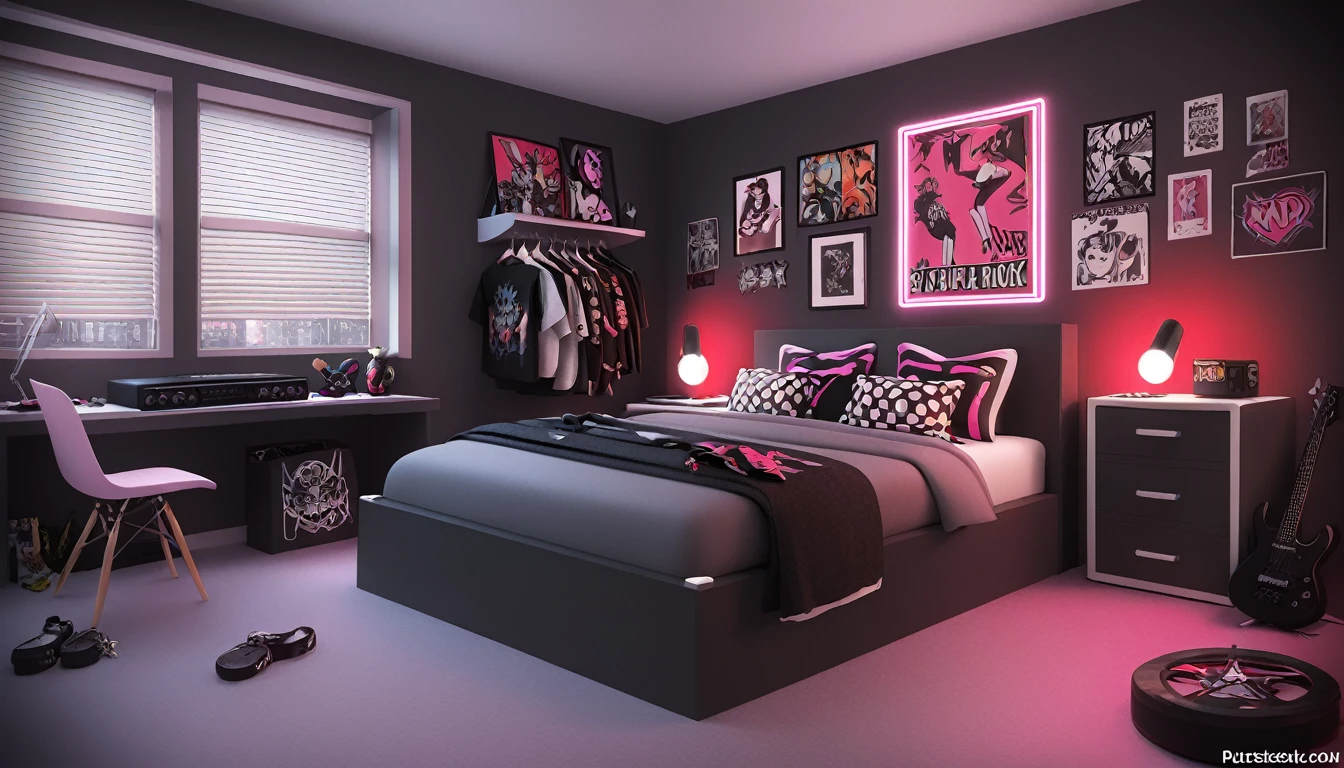 A scenario, bedroom, punk rock style,