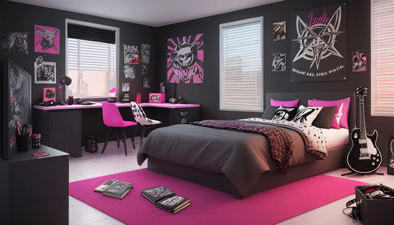 A scenario, bedroom, punk rock style,