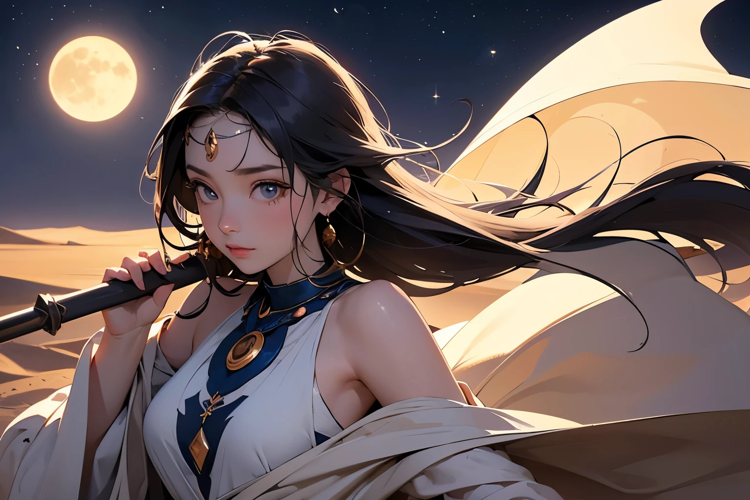 (Crescent Moon)、A young nomadic princess travelling through the moonlit desert、Beautiful Face、(With the tank)、(Photographing the entire tank)、Wearing a loose robe、Carrying a walking stick、In the middle of a vast desert、Sand dunes stretching to the horizon、Clear night sky、Capturing the essence of determination and wisdom、Subtle warm tones、High resolution、Super detailed、
