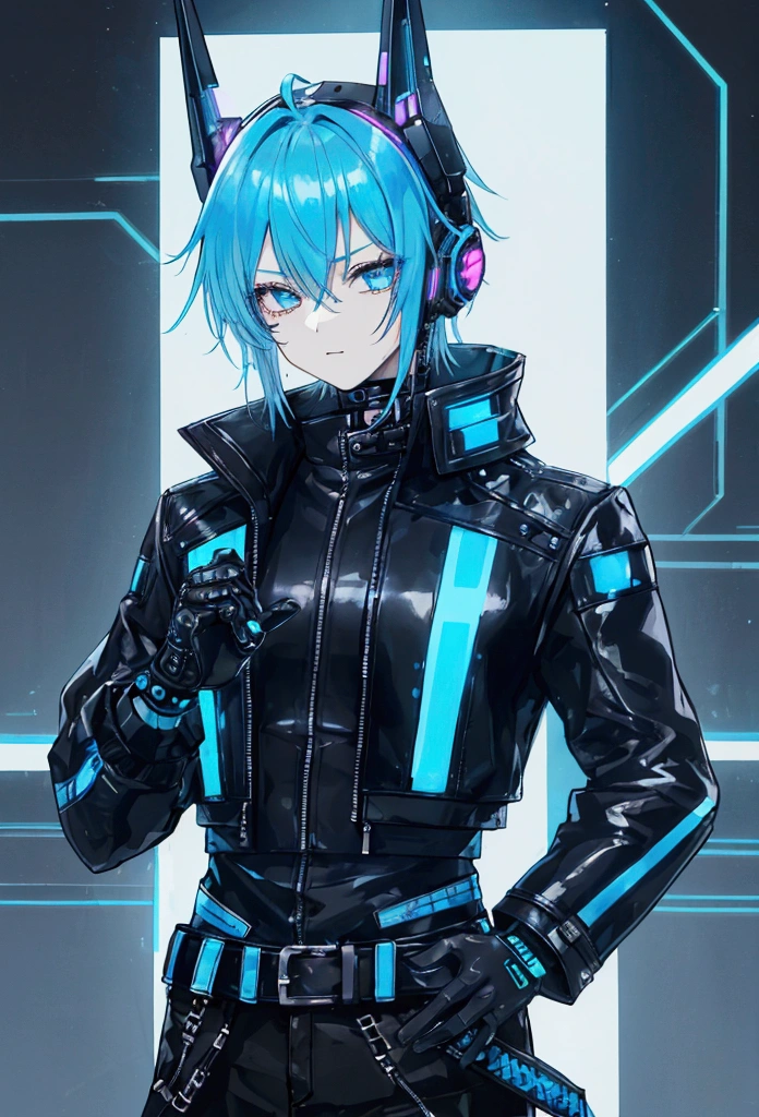 Young Man,From the waist up,cyber punk,night,Light blue hair,Decadent,Leather jacket style,High Tech Wear,High-tech headgear,cyber punkの繁華街,neon