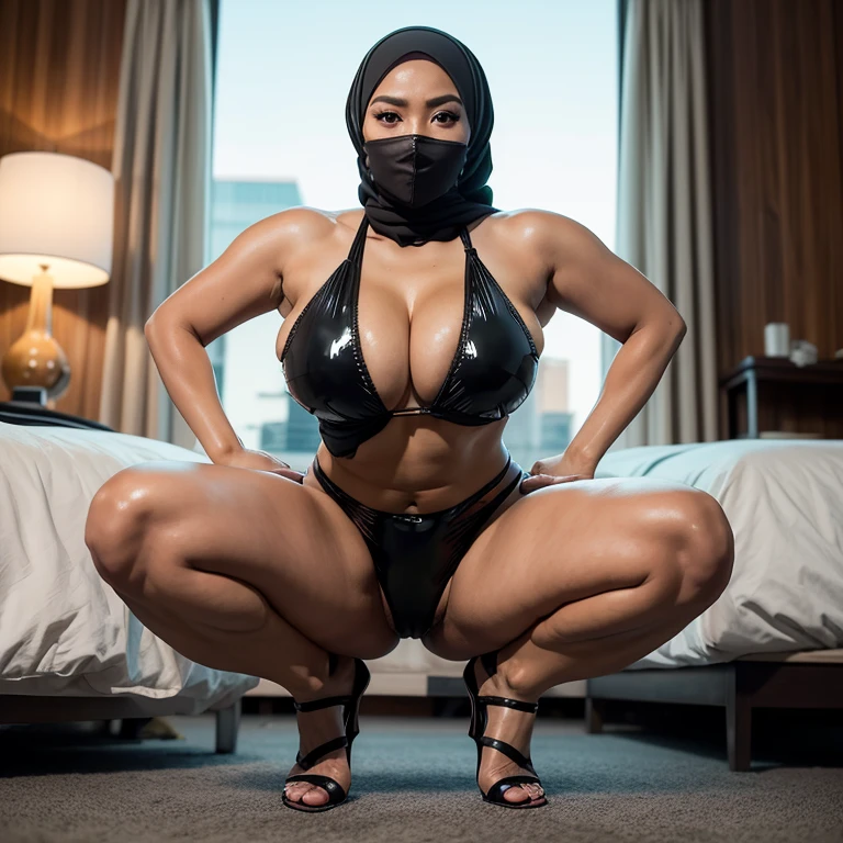 Squatting pose, knee bent, hands at the back, front view, looking at viewer, vaginal, POV, (black hijab), (sling latex bikini, gladiator heels), MILF, mature woman, voluptuous body type, hourglass figure, ample physique, defined waistline, THICC body type, THICC thigh, muscular thigh, perspective, highly detailed, illustration, ((huge breast)), exposed breast, Ulzzang face, beautiful detailed eyes, brown eyes, perfect eyes, clear eyes, (detailed background, hotel room, at night), (((masterpiece))), ((best quality)), ((intricate detailed)), ((Hyperrealistic)), 8K, absurd res, real-life precision, life-like depiction, ultra-realistic detail, unmatched realism, ((film grain, jpeg artifact, noise effect, grainy effect, subsurface scattering)),