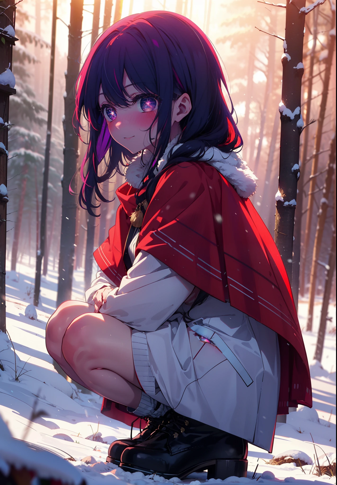 aihoshino, Ai Hoshino, Long Hair, bangs, (Purple eyes:1.1), Purple Hair, (Symbol-shaped pupil:1.5), smile,,smile,blush,White Breath,
Open your mouth,snow,Ground bonfire, Outdoor, boots, snowing, From the side, wood, suitcase, Cape, Blurred, , forest, White handbag, nature, Squat, Mouth closed, Cape, winter, Written boundary depth, Black shoes, red Cape break looking at viewer, Upper Body, whole body, break Outdoor, forest, nature, break (masterpiece:1.2), Highest quality, High resolution, unity 8k wallpaper, (shape:0.8), (Beautiful and beautiful eyes:1.6), Highly detailed face, Perfect lighting, Highly detailed CG, (Perfect hands, Perfect Anatomy),